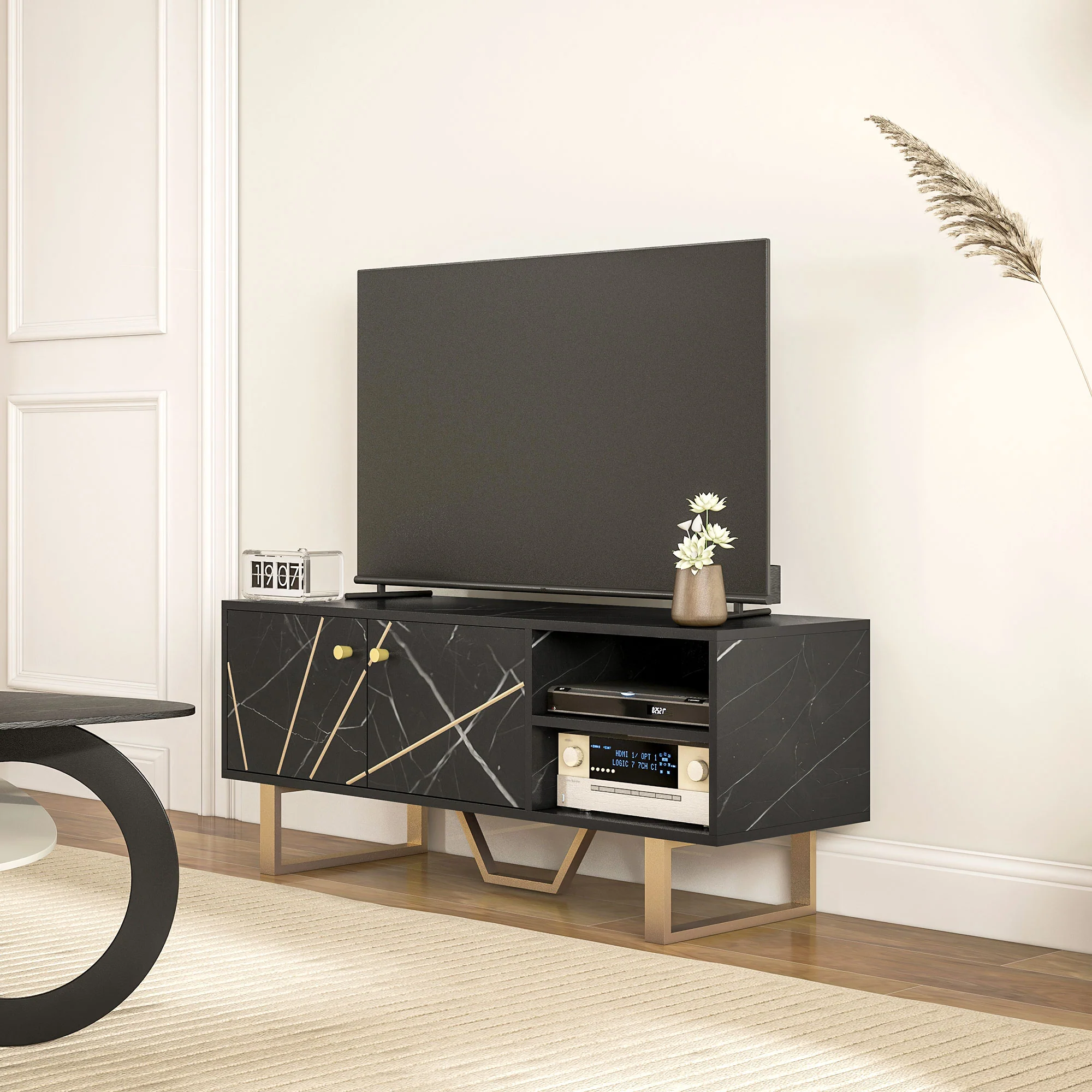 TV Stand Cabinet with Storage Shelves & Cupboard for TVs up to 55 Inches, Black Marble Tone - Image 11