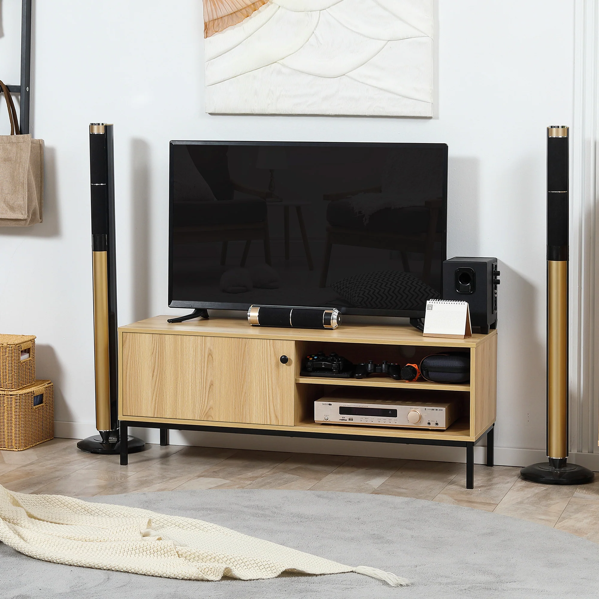 TV Stand Cabinet for TVs up to 50" with 3 Compartments, Sliding Door, Natural Wood Finish - Image 3