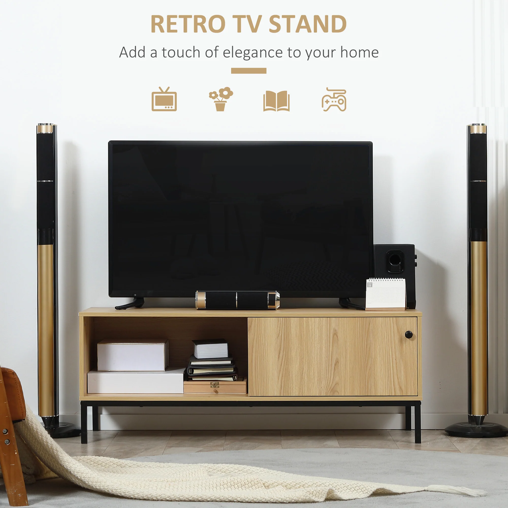 TV Stand Cabinet for TVs up to 50" with 3 Compartments, Sliding Door, Natural Wood Finish - Image 6