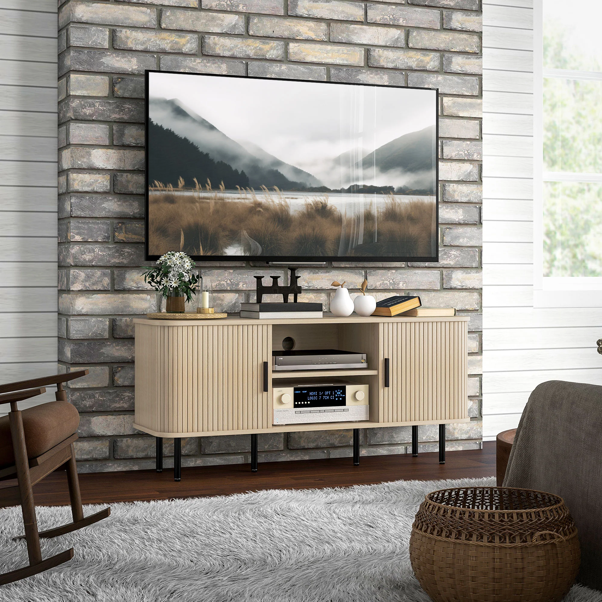 TV Stand Cabinet for TVs up to 55 Inches, TV Unit with Storage Shelves & Cupboard, Oak Tone - Image 3