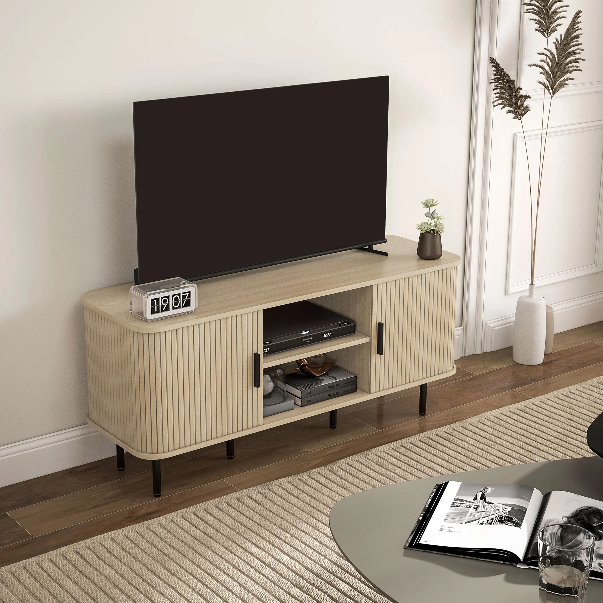 TV Stand Cabinet for TVs up to 55 Inches, TV Unit with Storage Shelves & Cupboard, Oak Tone - Image 4