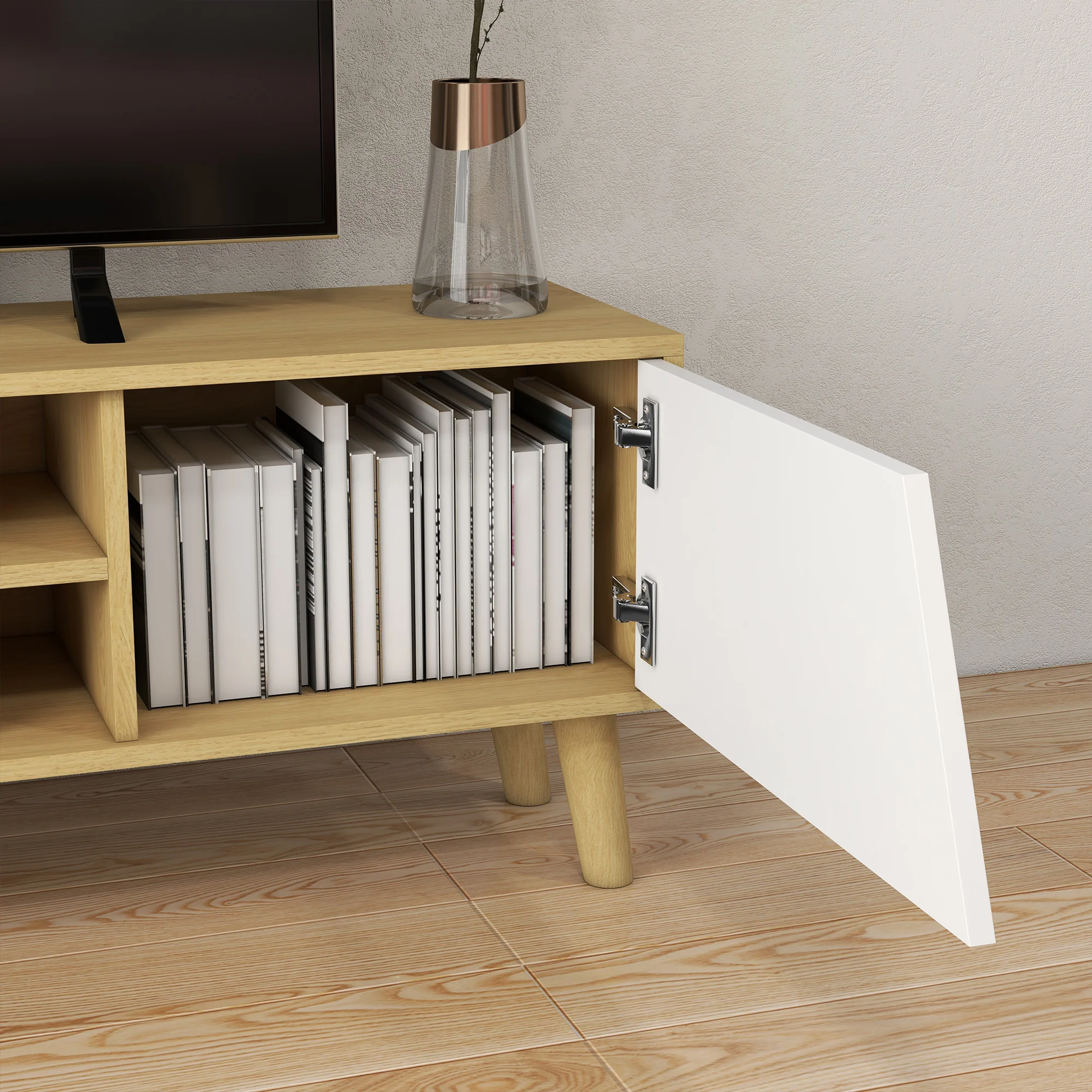 TV Stand Cabinet with Storage Shelves and Closing Door Cupboard, Oak and White - Image 9