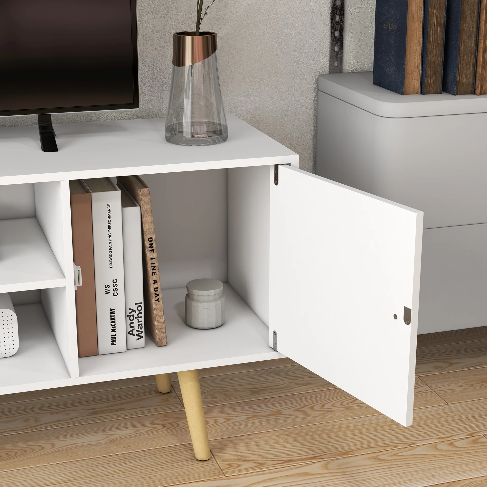 TV Stand Cabinet for TVs up to 55'' with Storage Shelves and Wood Legs, White - Image 11