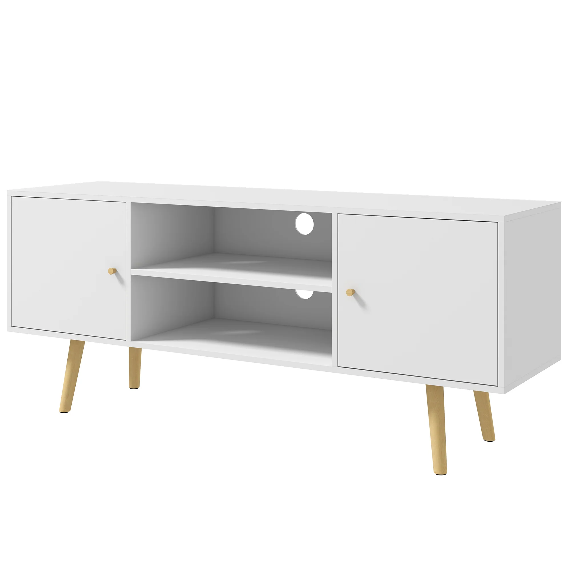 TV Stand Cabinet for TVs up to 55'' with Storage Shelves and Wood Legs, White - Image 2