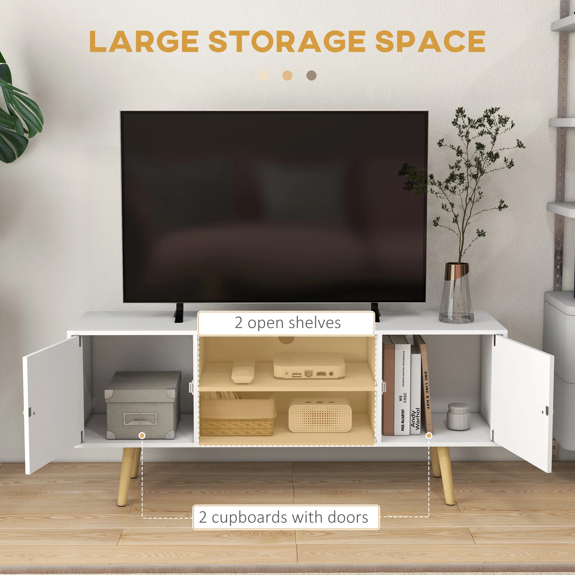TV Stand Cabinet for TVs up to 55'' with Storage Shelves and Wood Legs, White - Image 6