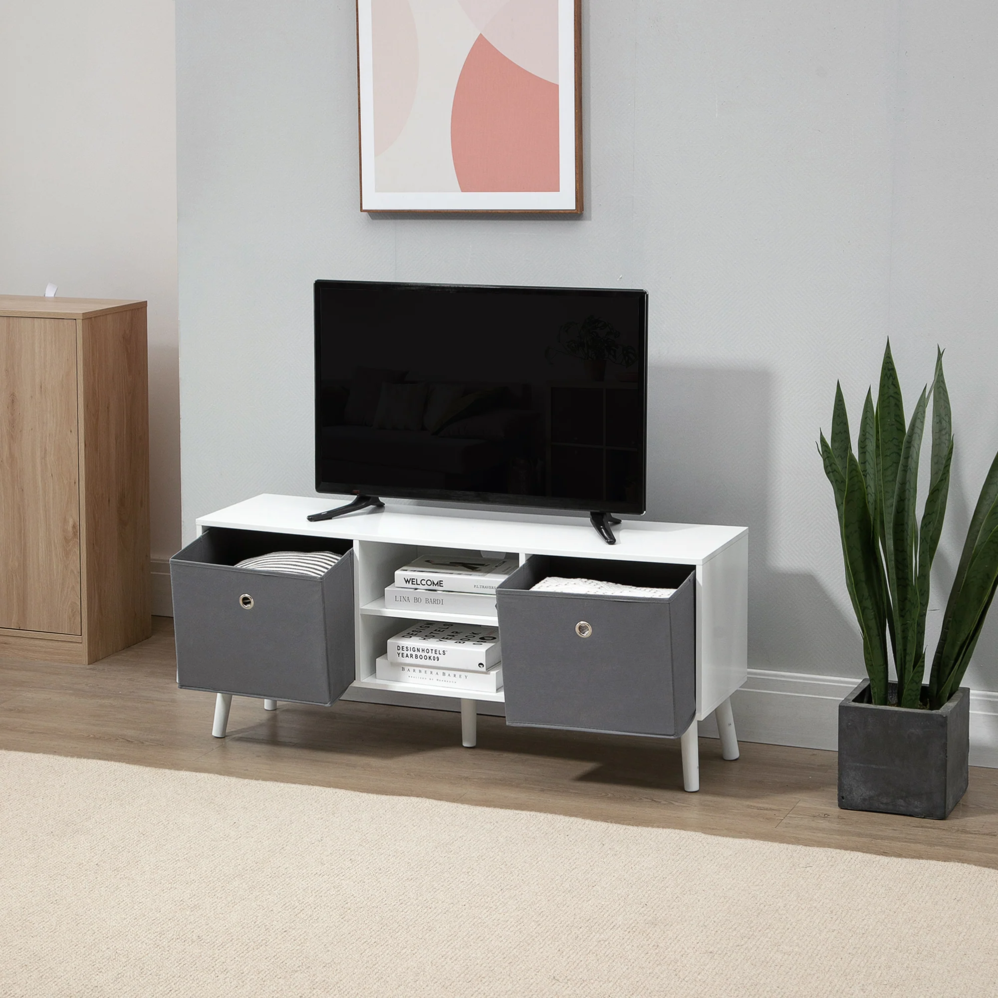 TV Stand for up to 50" TV with Fabric Drawers & Storage Shelves, White - Image 10