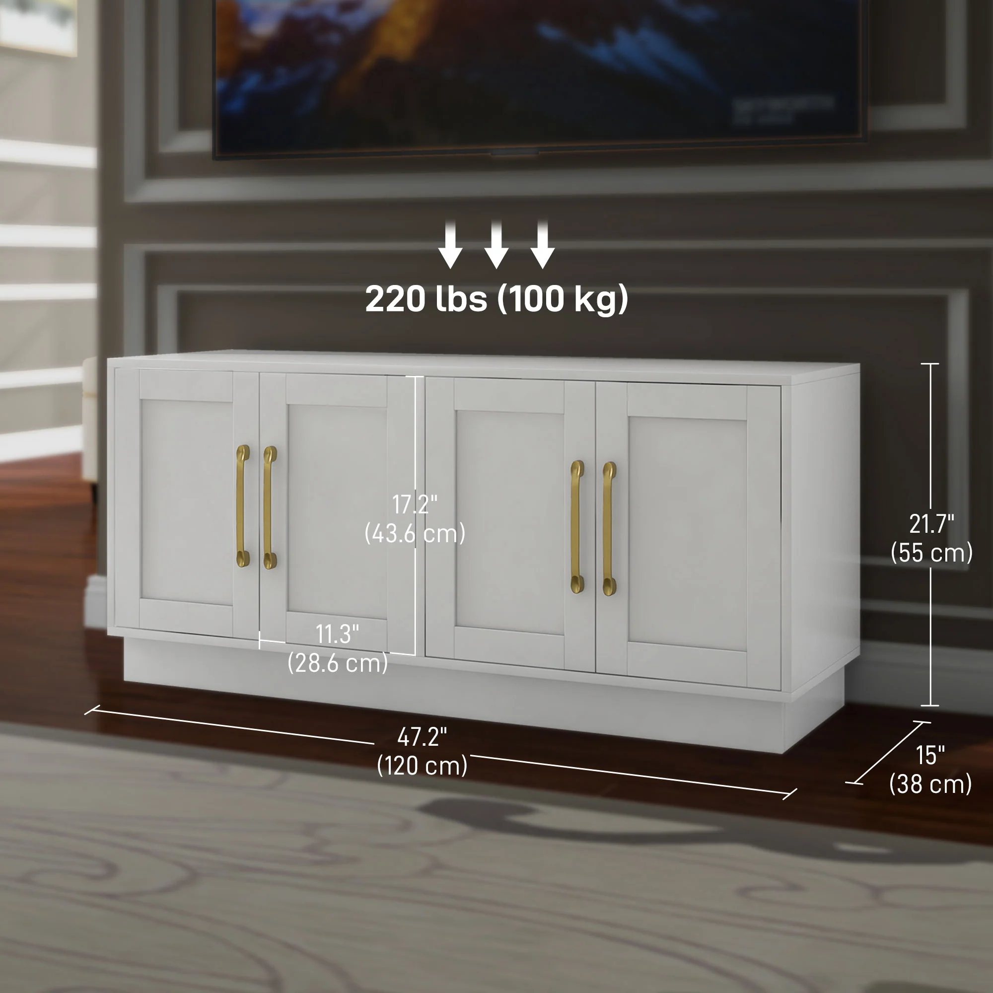 Modern TV Stand for up to 55" TV with 4 Soft-Hinged Doors, White - Image 5