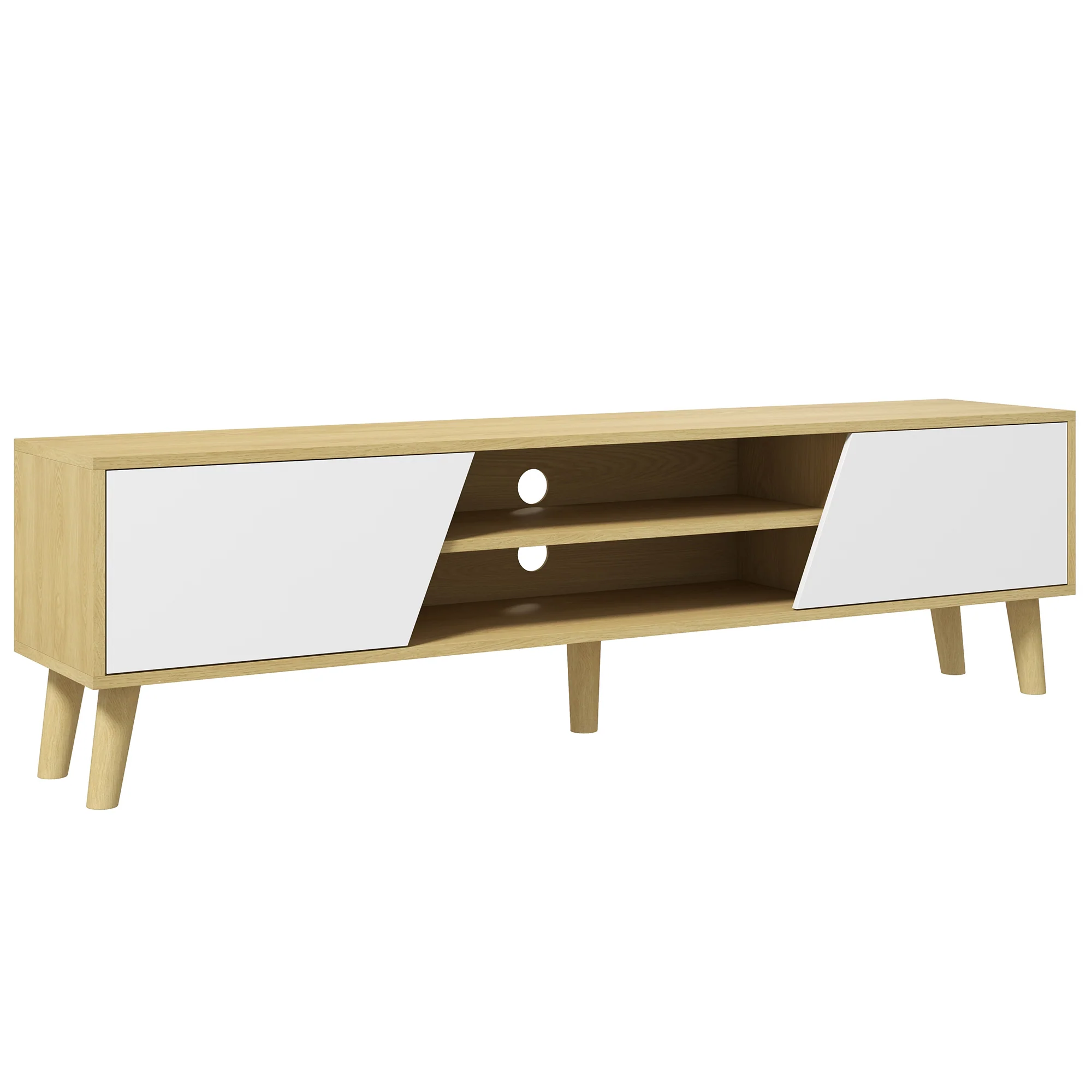 TV Console Table with Rubberwood Legs for 65 Inch Television, Entertainment Center with Storage Shelves, Oak and White