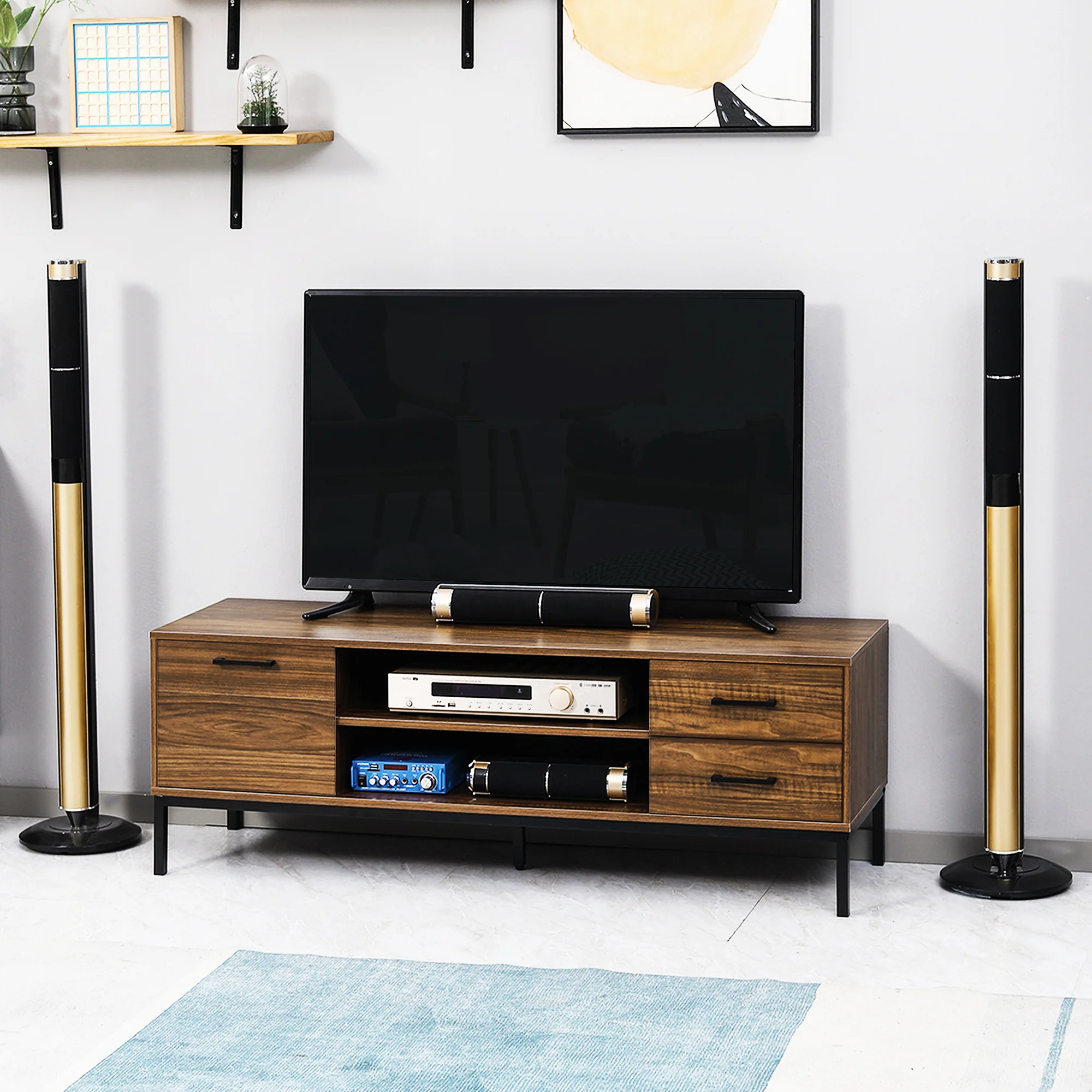 TV Stand for up to 50" with Door Open Storage & Steel Legs, Dark Walnut - Image 6