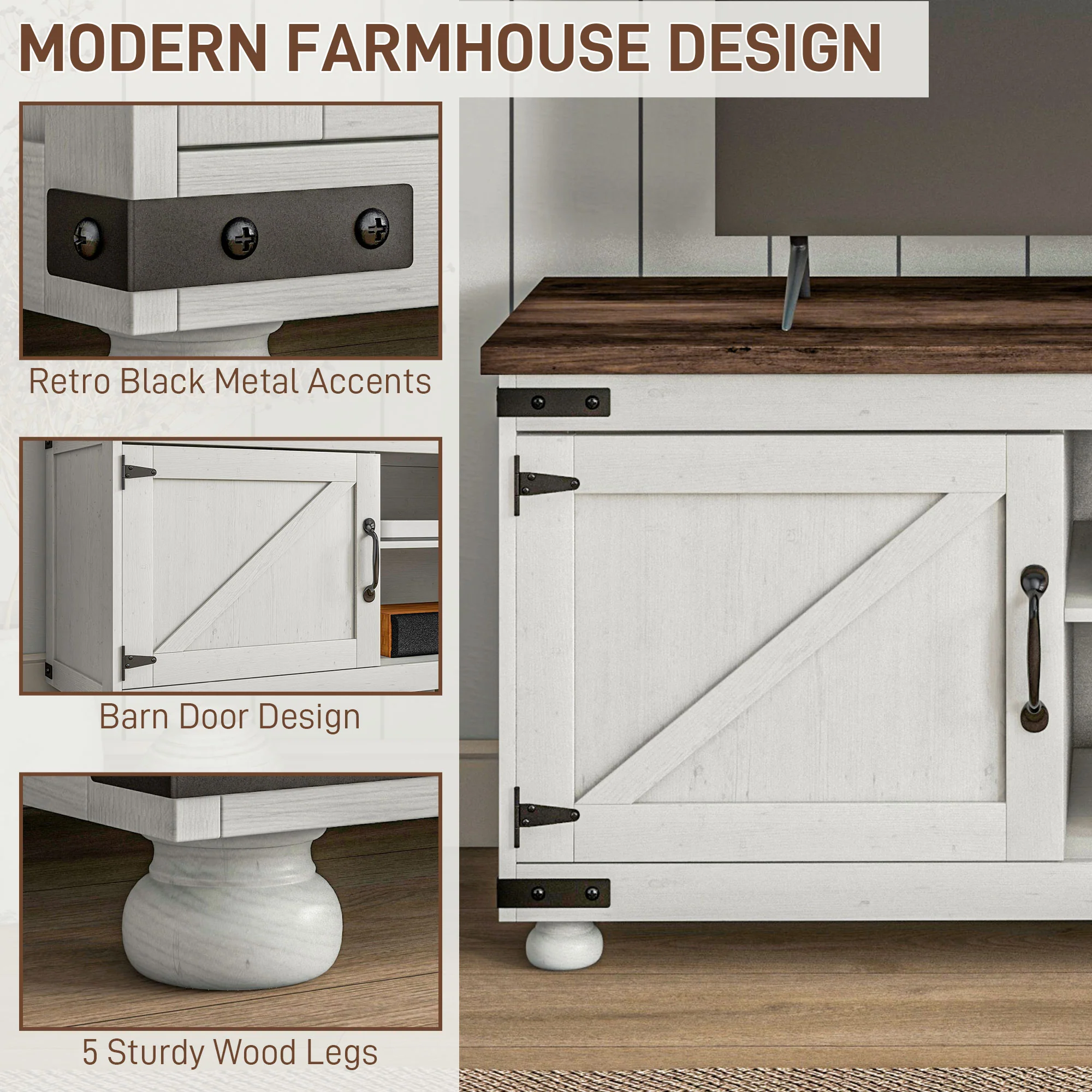 Farmhouse TV Stand for up to 65" TV with 2 Adjustable Shelves Distressed White - Image 9