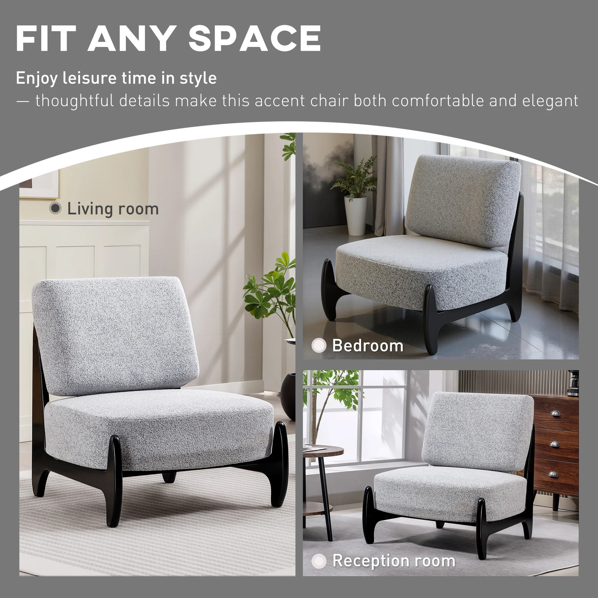 Ultra-Wide Accent Chair with Rubber Wood Frame, Modern Chenille Upholstered Cushioned Chair, Grey - Image 10