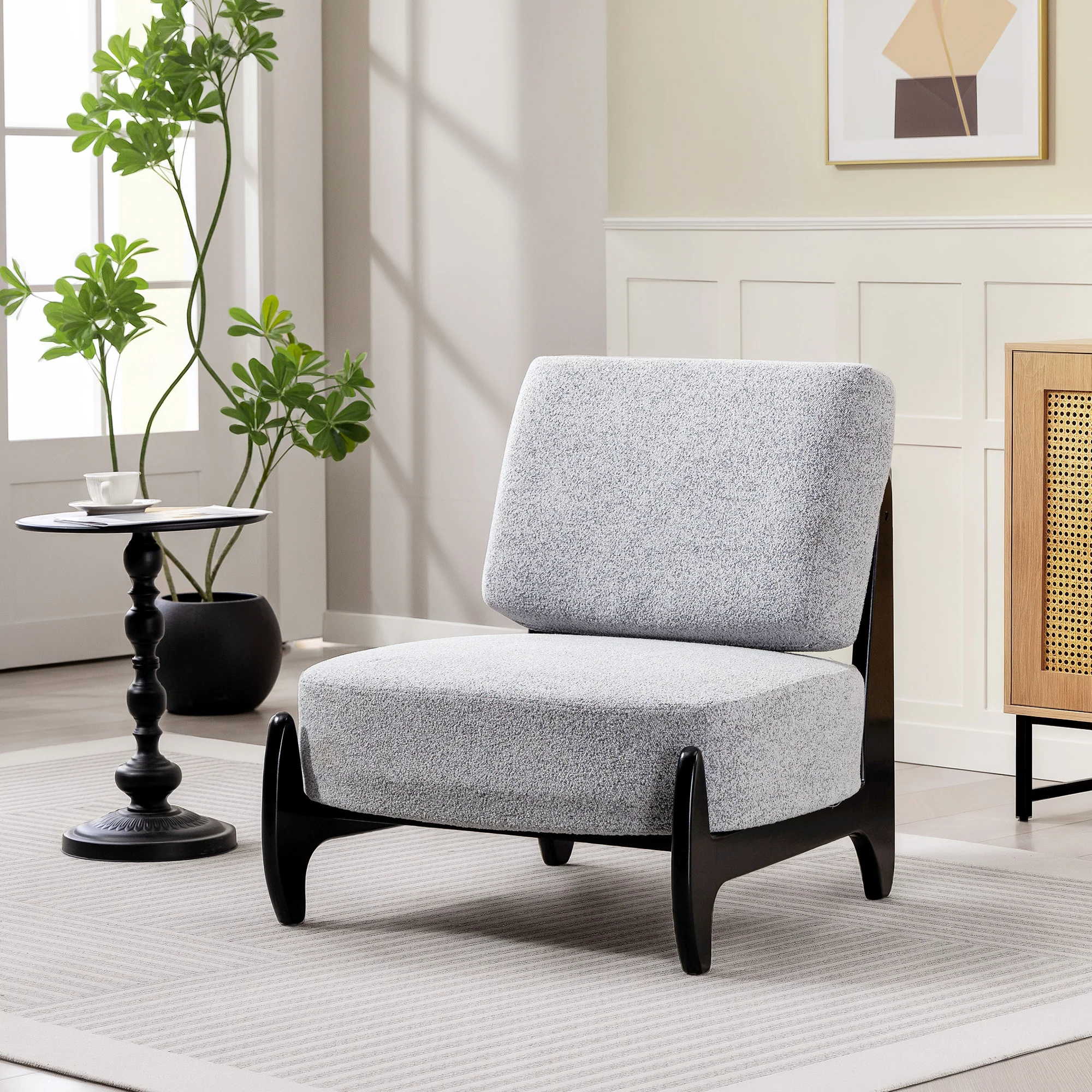 Ultra-Wide Accent Chair with Rubber Wood Frame, Modern Chenille Upholstered Cushioned Chair, Grey - Image 4