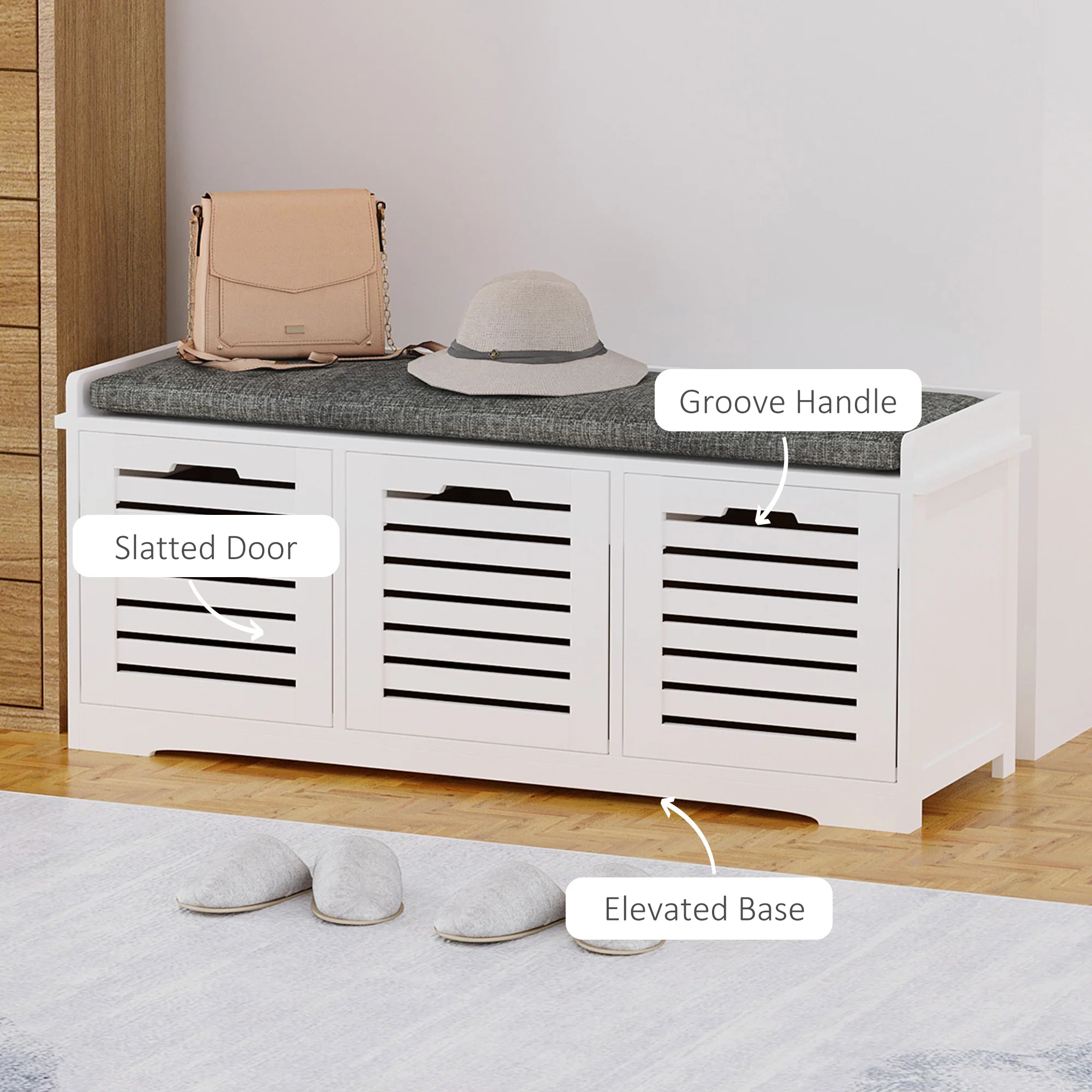 Upholstered Shoe Cabinet Storage Bench with Padded Cushion & 3 Drawer, Space Saving, White - Image 8