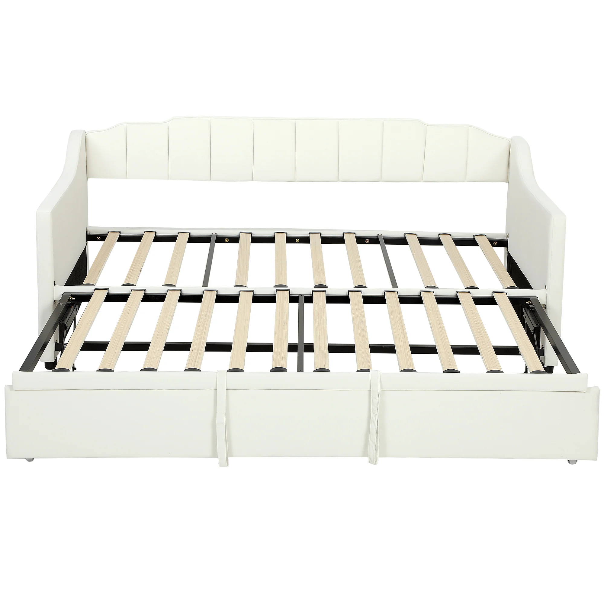 Upholstered Twin Daybed with Pop Up Trundle, Twin to King Sofa Day Bed Frame with Headboard, Armrests, Velvet Trundle Bed with Wood Slat Support for Living Room, Cream White