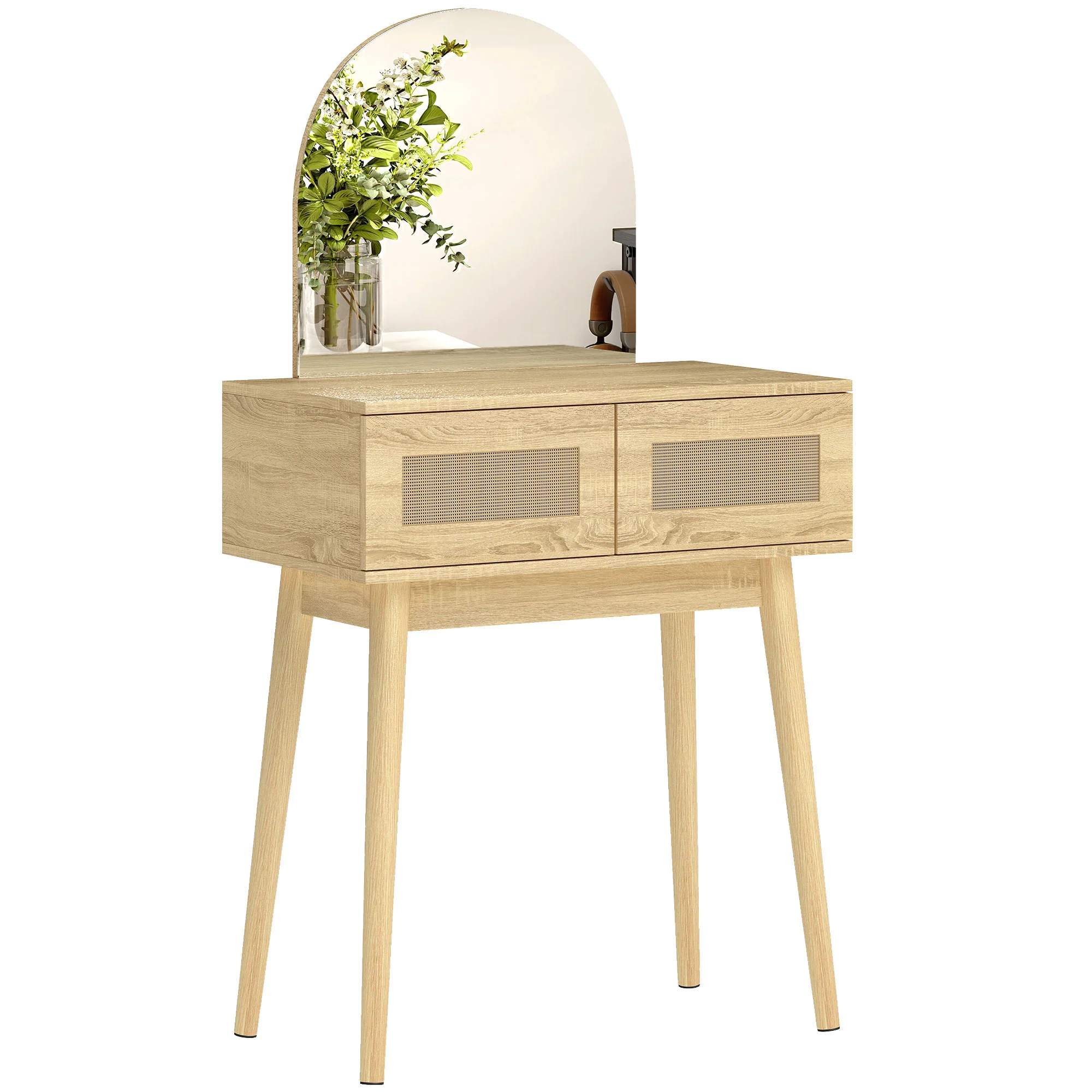Vanity Desk with Arched Mirror, Compact Makeup Vanity with 2 Drawers, Dressing Table, Natural Wood - Image 12