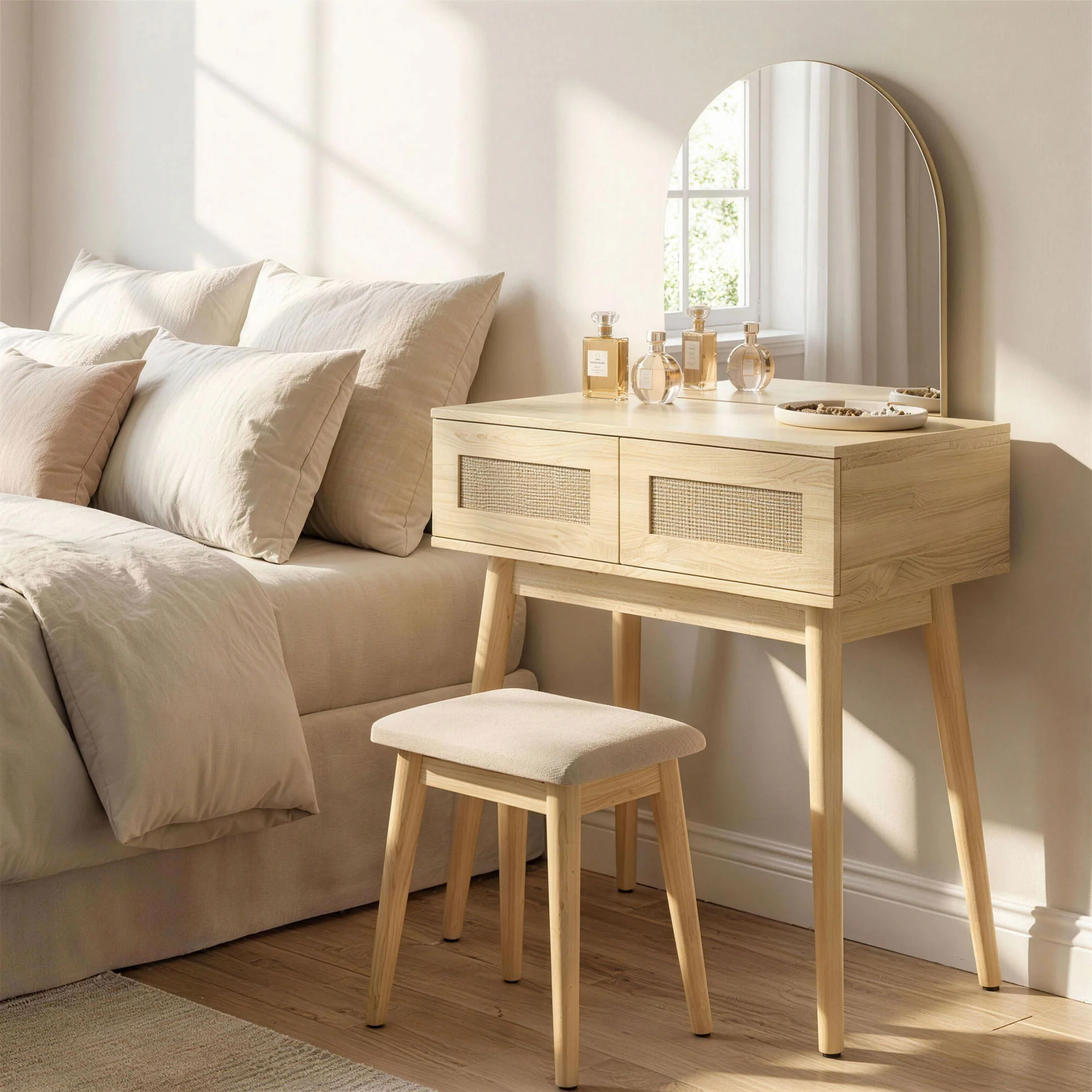 Vanity Desk with Arched Mirror, Compact Makeup Vanity with 2 Drawers, Dressing Table, Natural Wood - Image 3