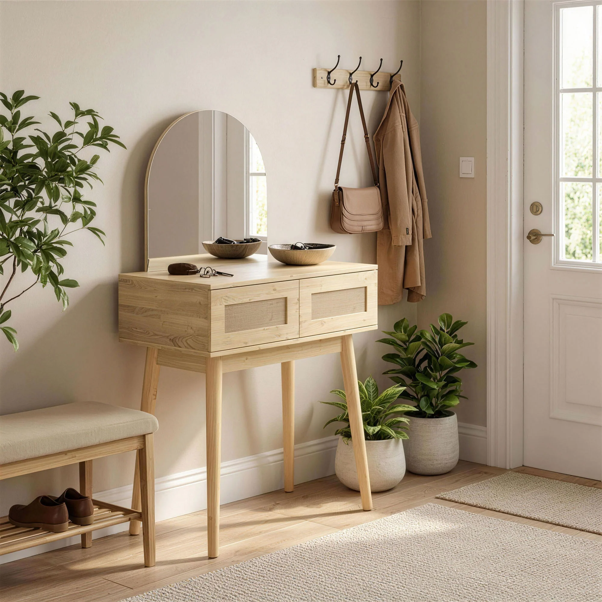Vanity Desk with Arched Mirror, Compact Makeup Vanity with 2 Drawers, Dressing Table, Natural Wood - Image 4