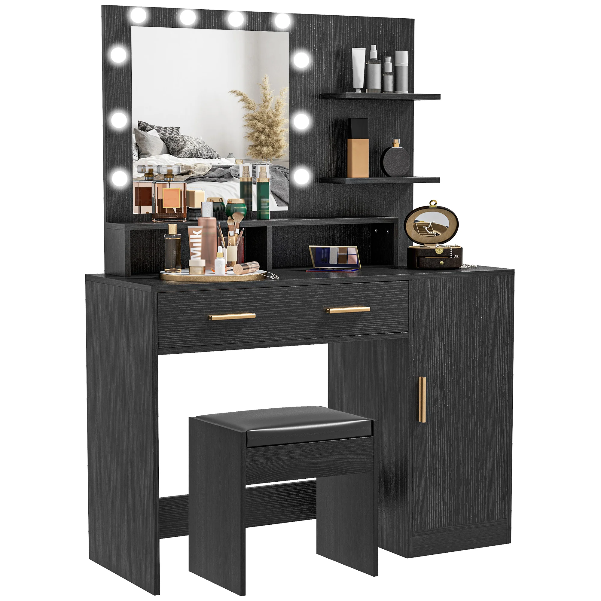 Vanity Desk with Stool, Makeup Vanity Set with 10 LED Bulbs & 3 Open Shelves, Black