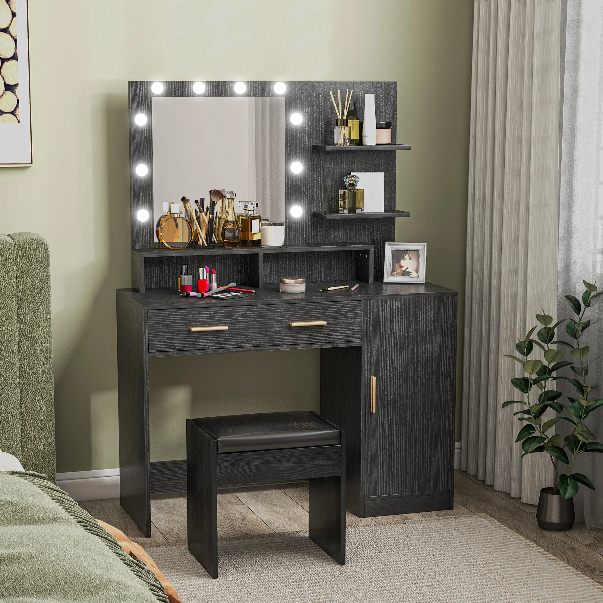 Vanity Desk with Stool, Makeup Vanity Set with 10 LED Bulbs & 3 Open Shelves, Black - Image 3