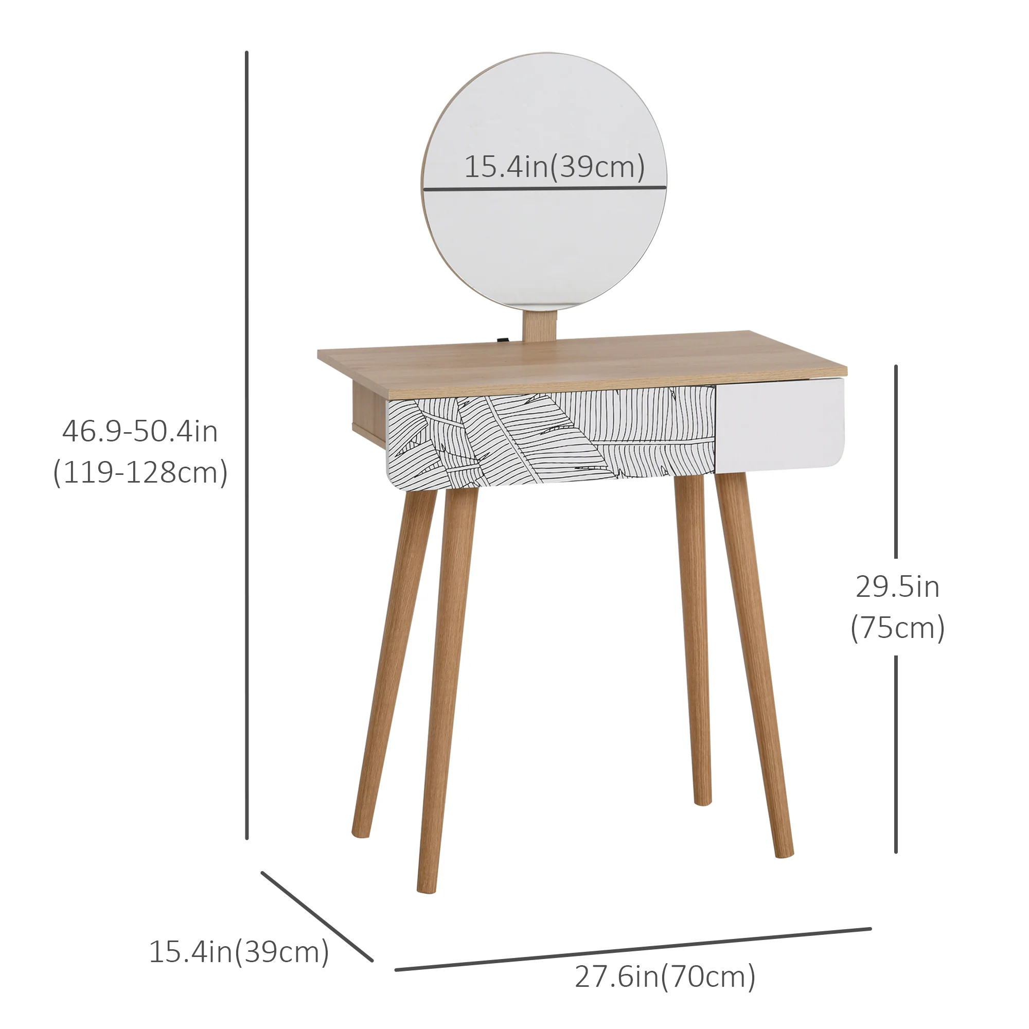 Vanity Makeup Table with Mirror, Vanity Desk with Drawer & Height Adjustable Mirror, Oak - Image 5