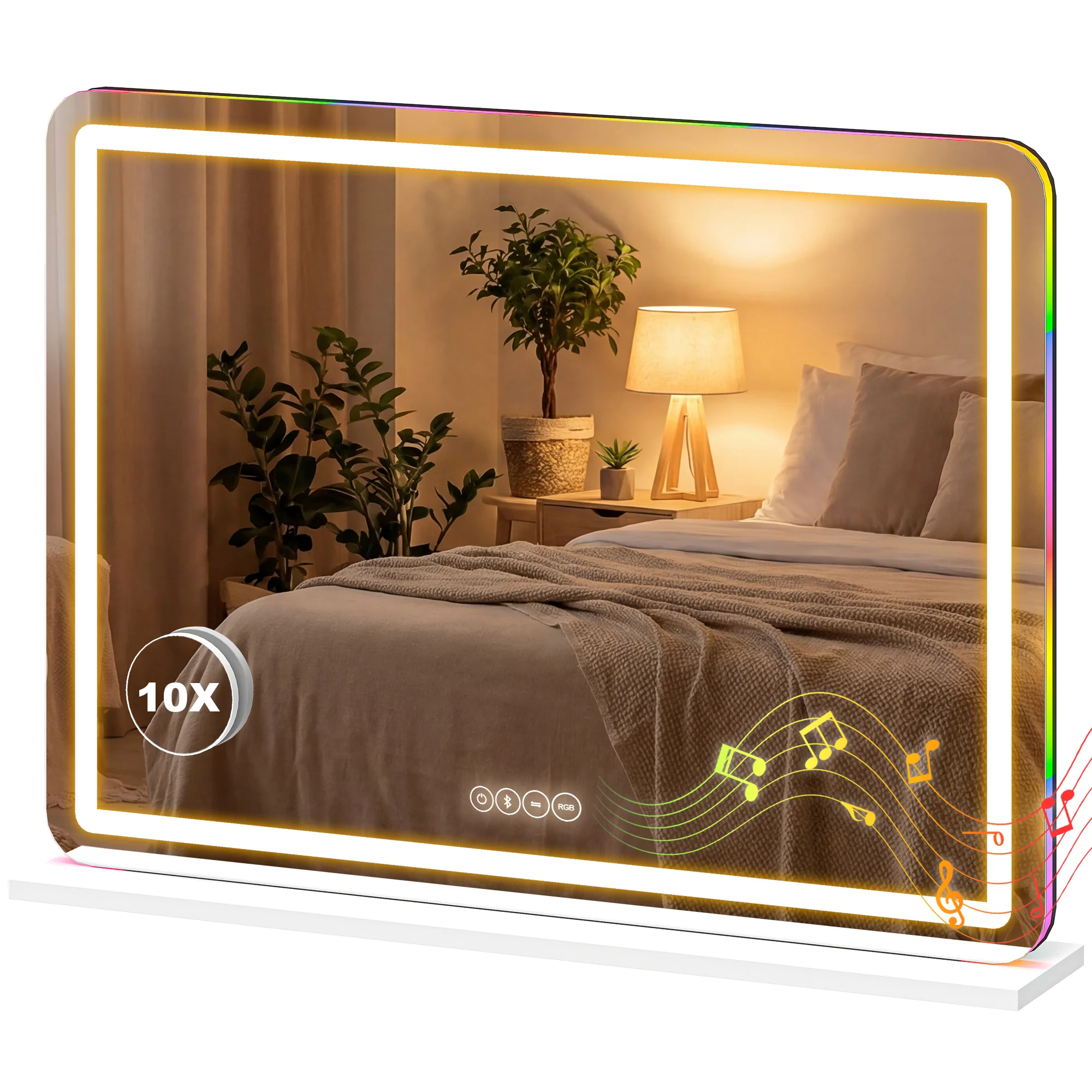 Vanity Mirror with Lights, Dimmable Makeup Mirror with Adjustable Colour Temperature, RGB Light, Bluetooth Speaker, 10X Magnification, Touch Control, 80 x 60 cm, Tabletop & Wall-Mounted, White - Image 2
