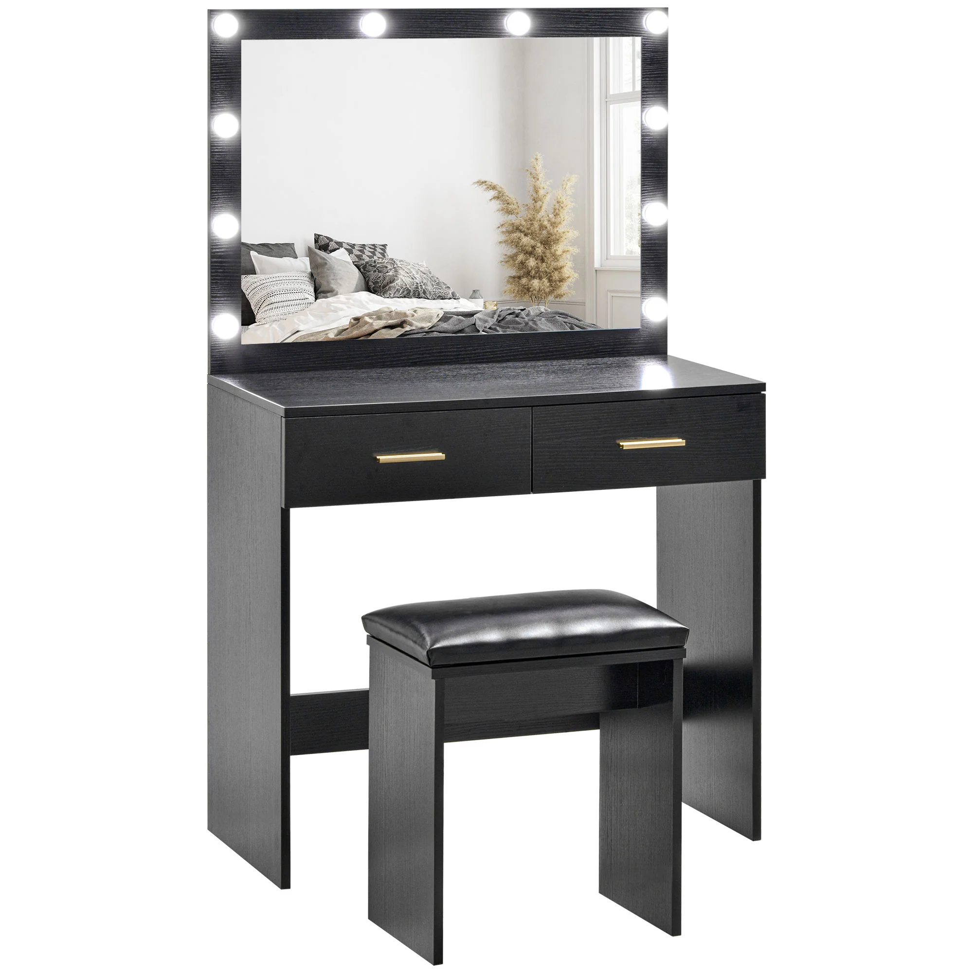 Makeup Vanity Desk and Stool, Vanity Set with 10 Bulbs, Drawers & 2 Lighting Modes, Black