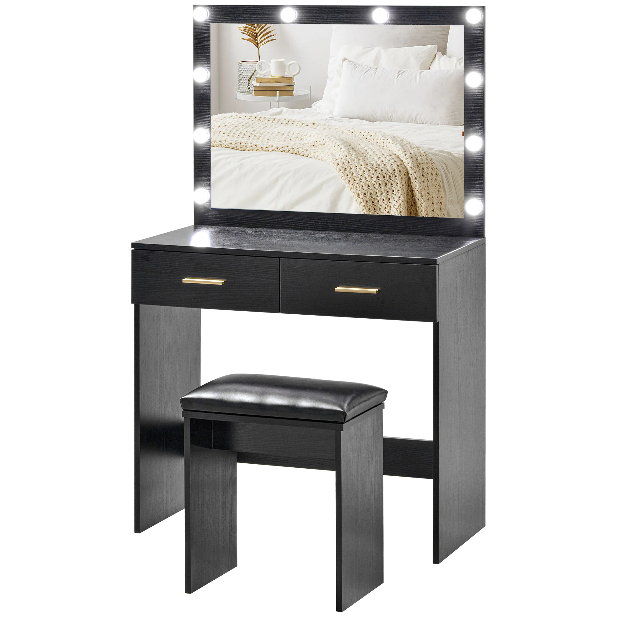 Makeup Vanity Desk and Stool, Vanity Set with 10 Bulbs, Drawers & 2 Lighting Modes, Black - Image 2