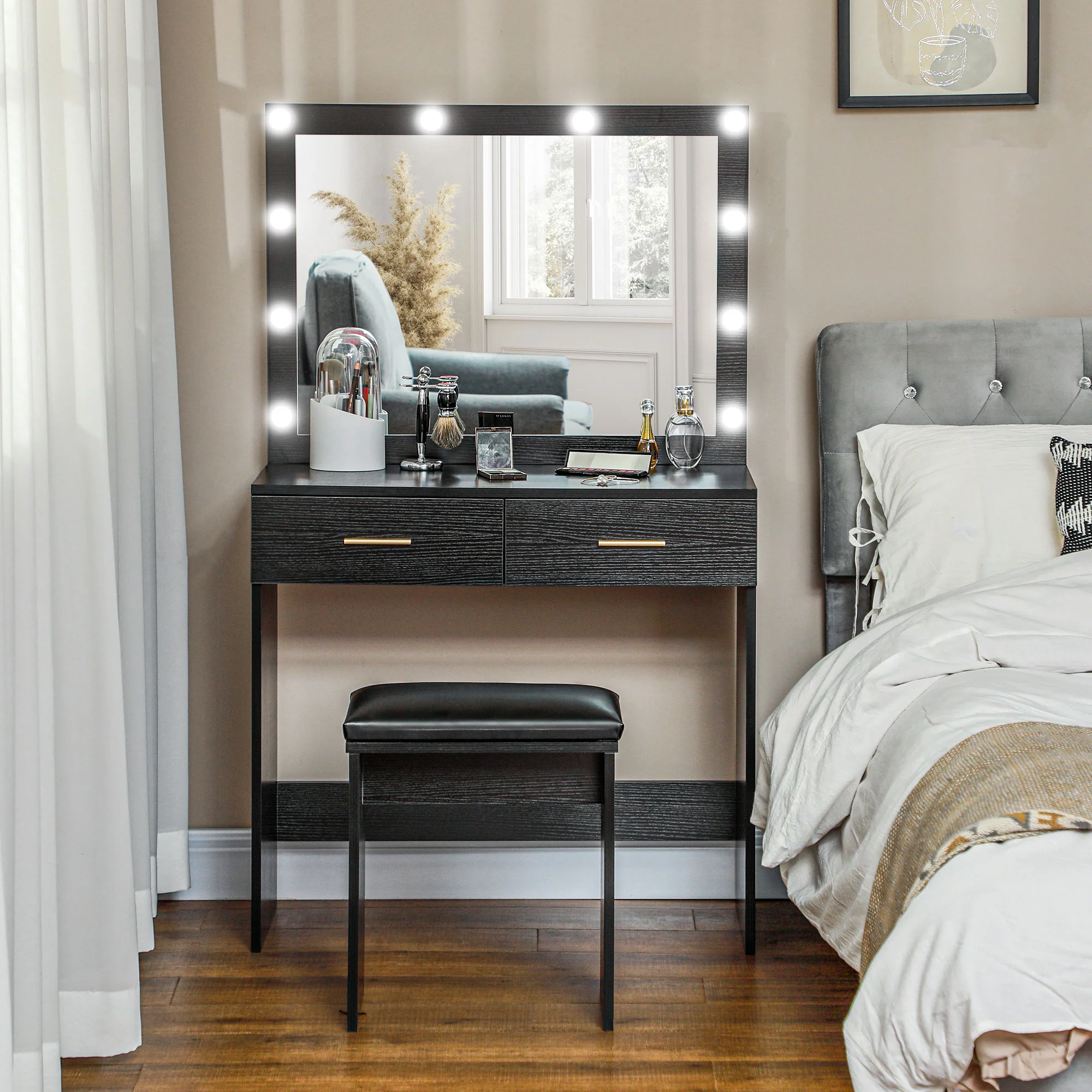 Makeup Vanity Desk and Stool, Vanity Set with 10 Bulbs, Drawers & 2 Lighting Modes, Black - Image 4