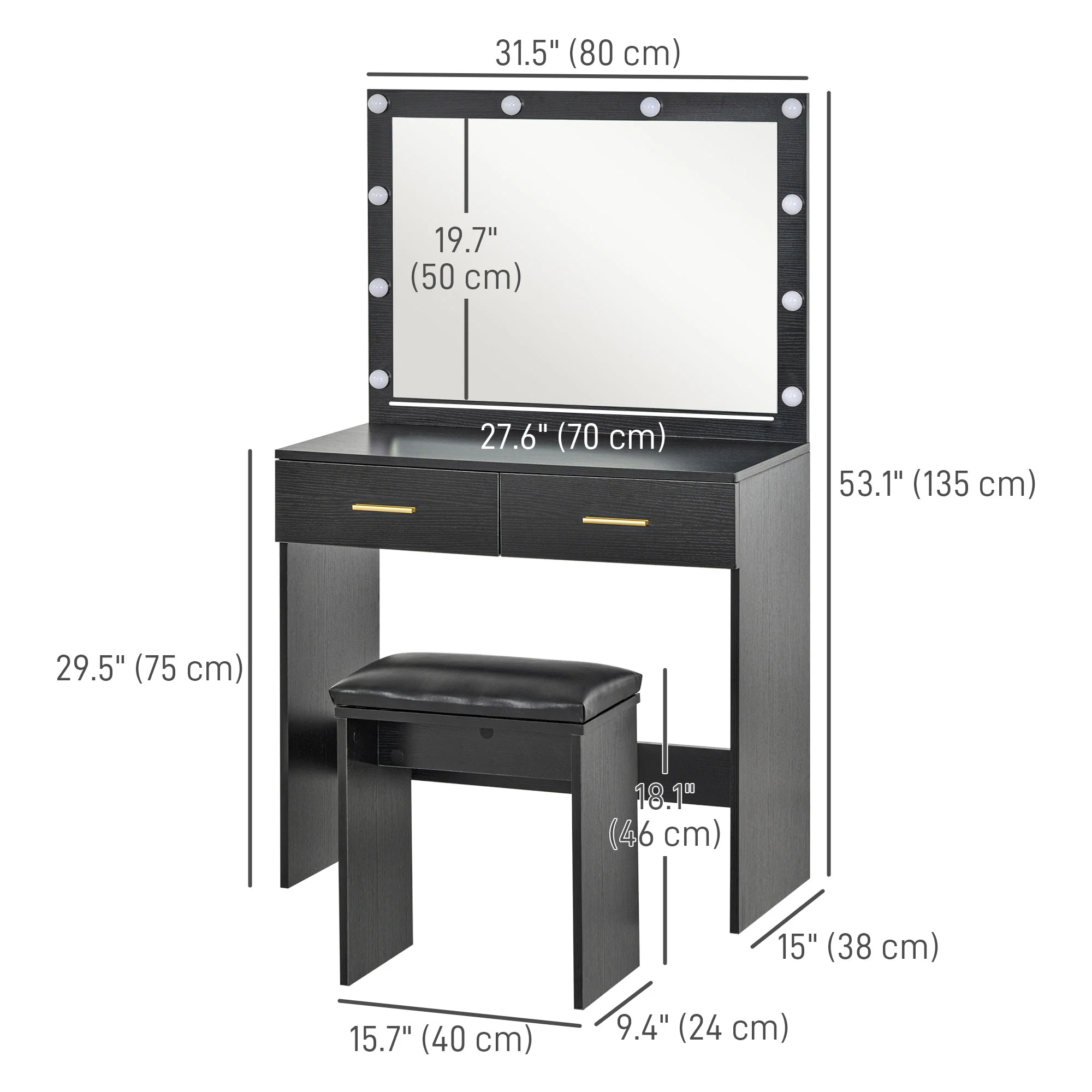 Makeup Vanity Desk and Stool, Vanity Set with 10 Bulbs, Drawers & 2 Lighting Modes, Black - Image 5