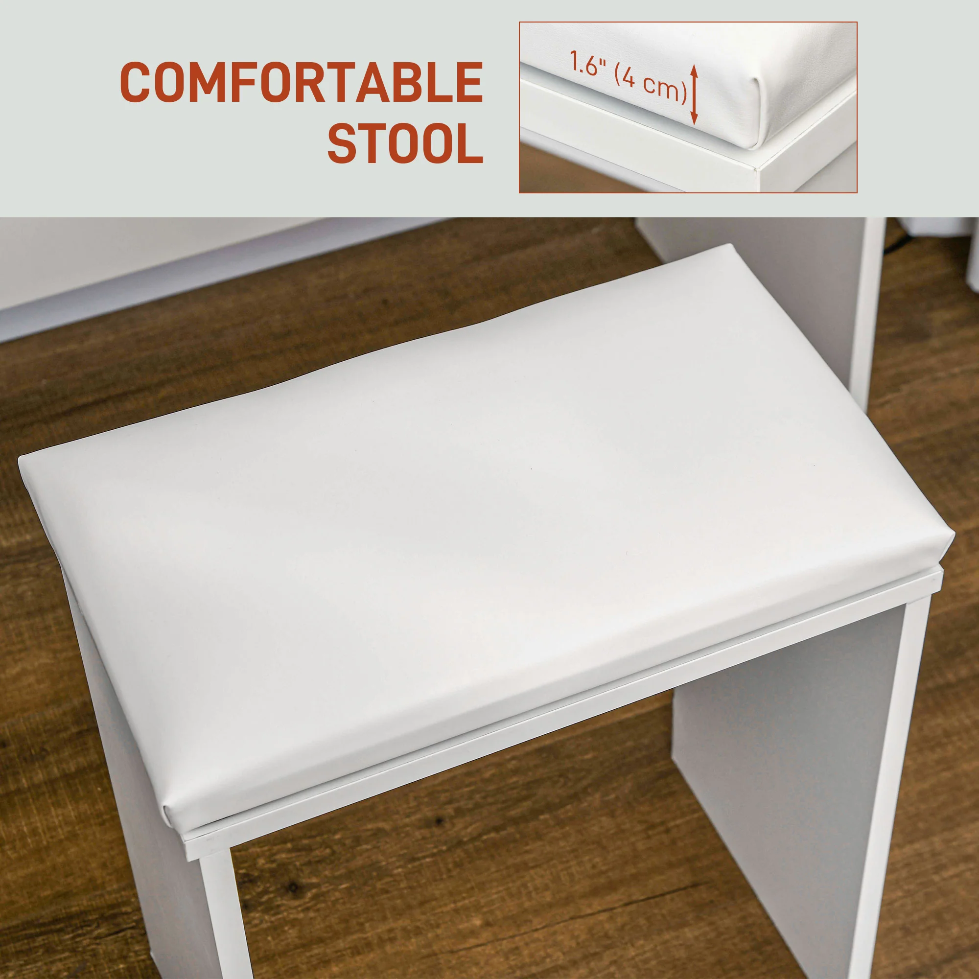 Makeup Vanity Desk and Stool, Vanity Set with 10 Bulbs, Drawers & 2 Lighting Modes, White - Image 8