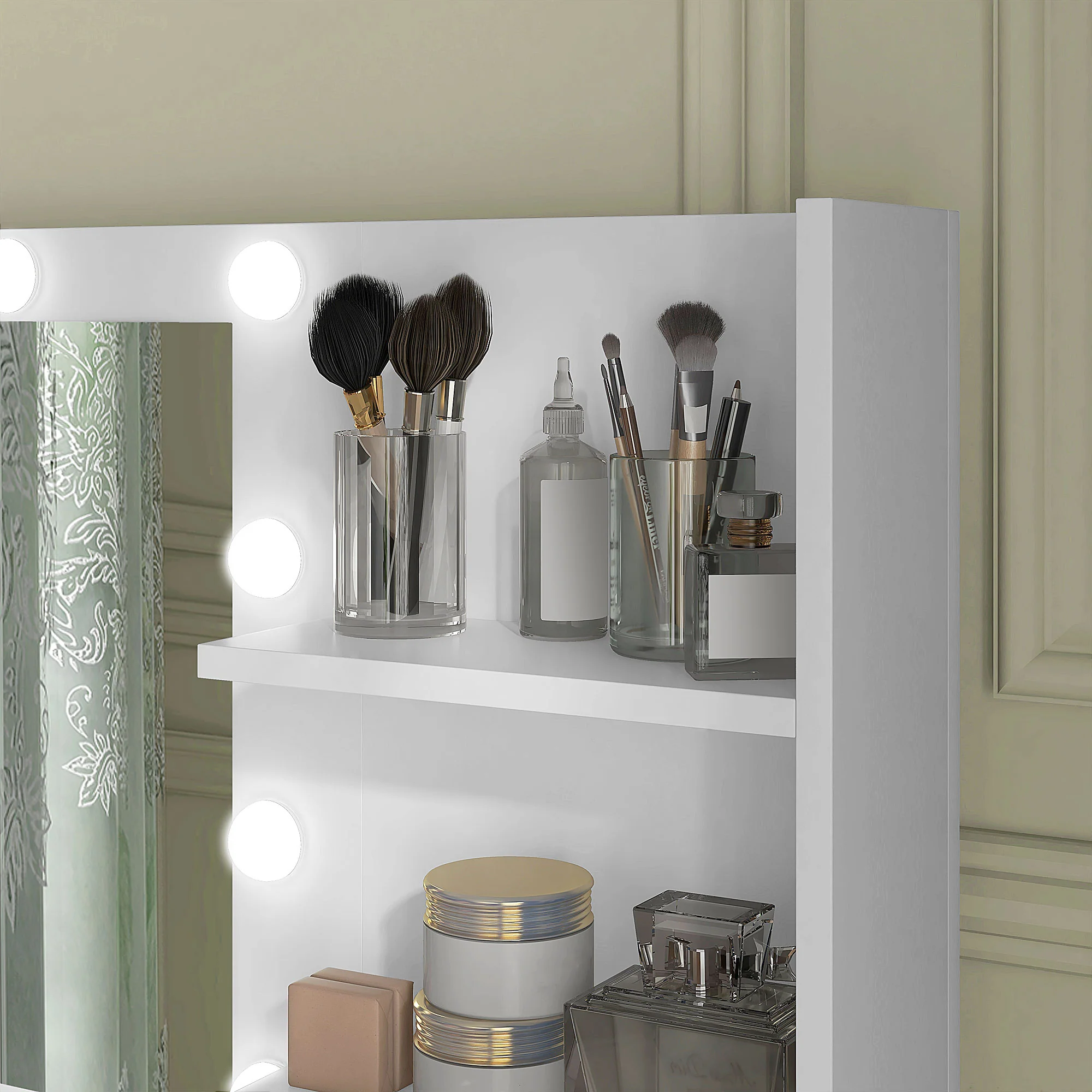 Illuminated Dressing Table, LED Vanity Table with Mirror, 3 Drawers & Storage Shelves, White - Image 10