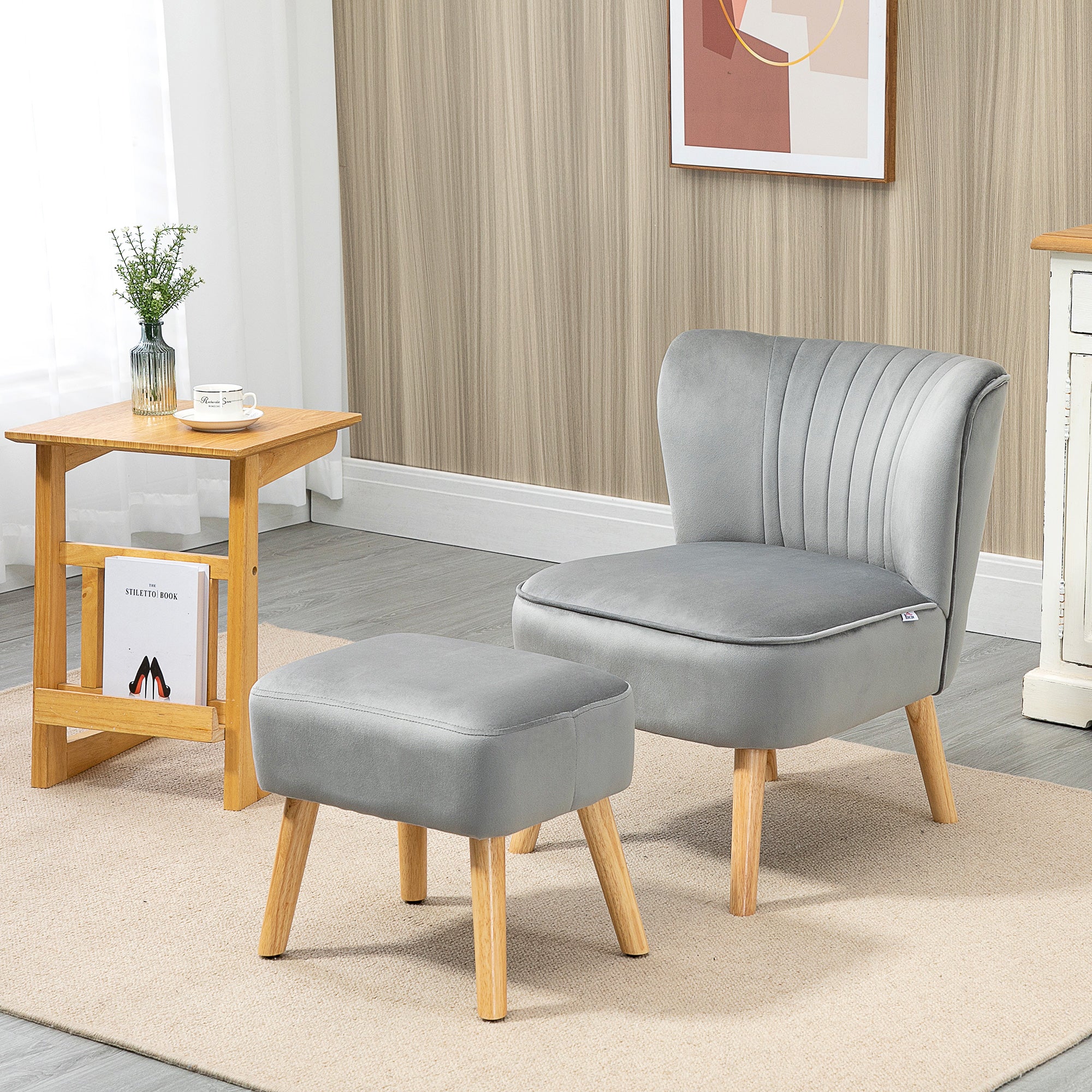 Velvet Accent Chair Occasional with Ottoman, Thick Padding, Wood Frame Legs, Light Grey - Image 3
