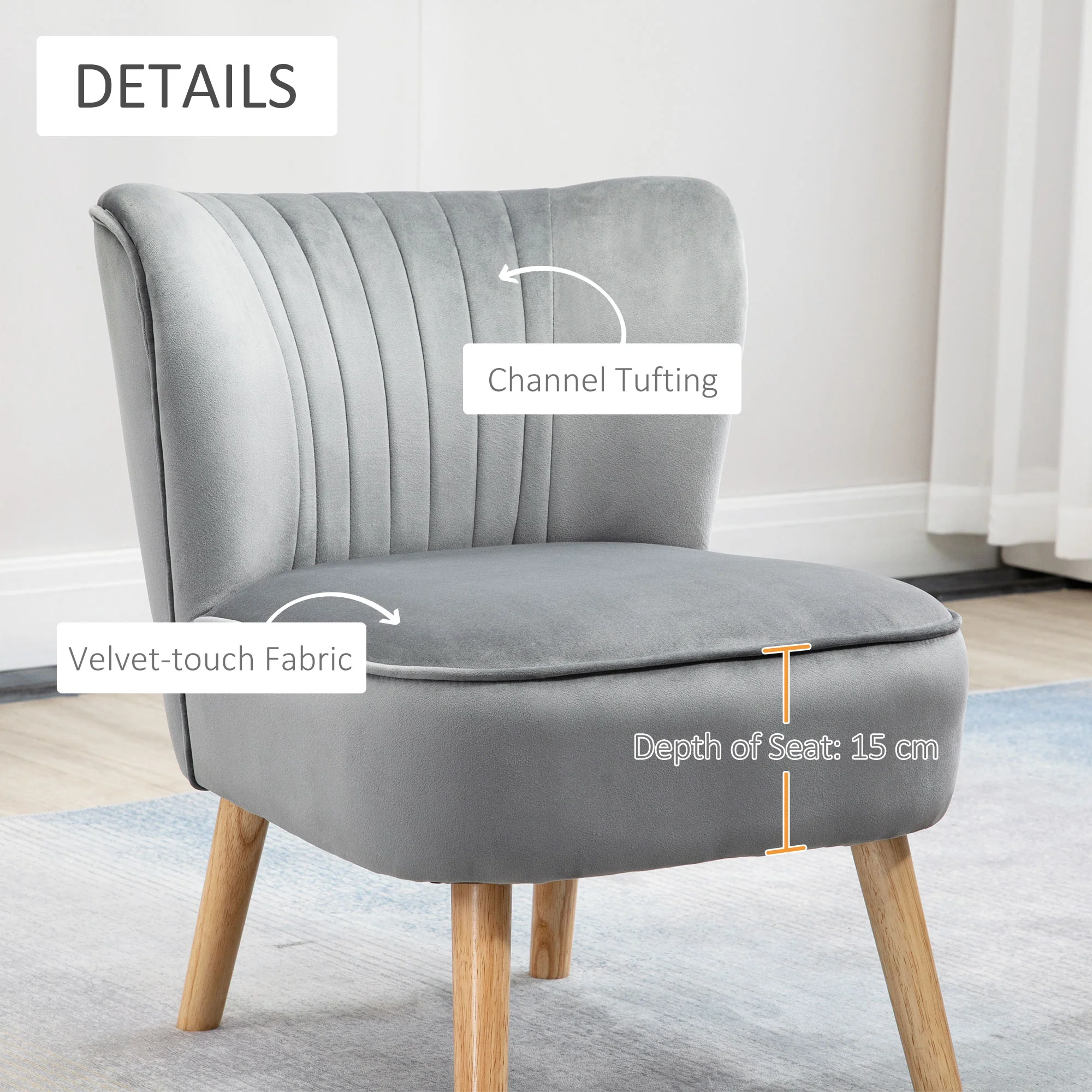 Velvet Accent Chair Occasional with Ottoman, Thick Padding, Wood Frame Legs, Light Grey - Image 7