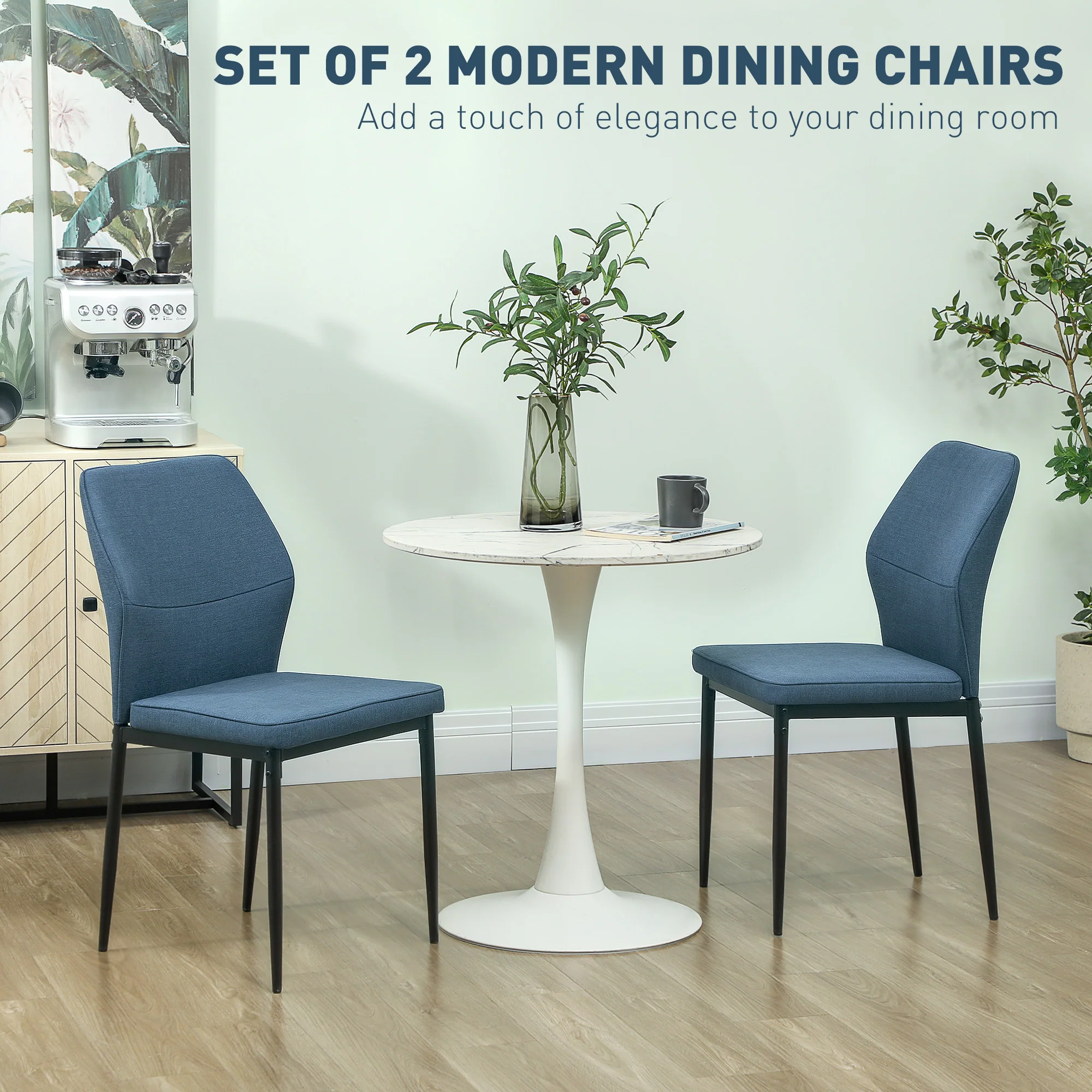 Velvet Dining Chairs Set of 2, Armless Upholstered Kitchen Chairs with Curved Back and Padded Seat, Blue - Image 6