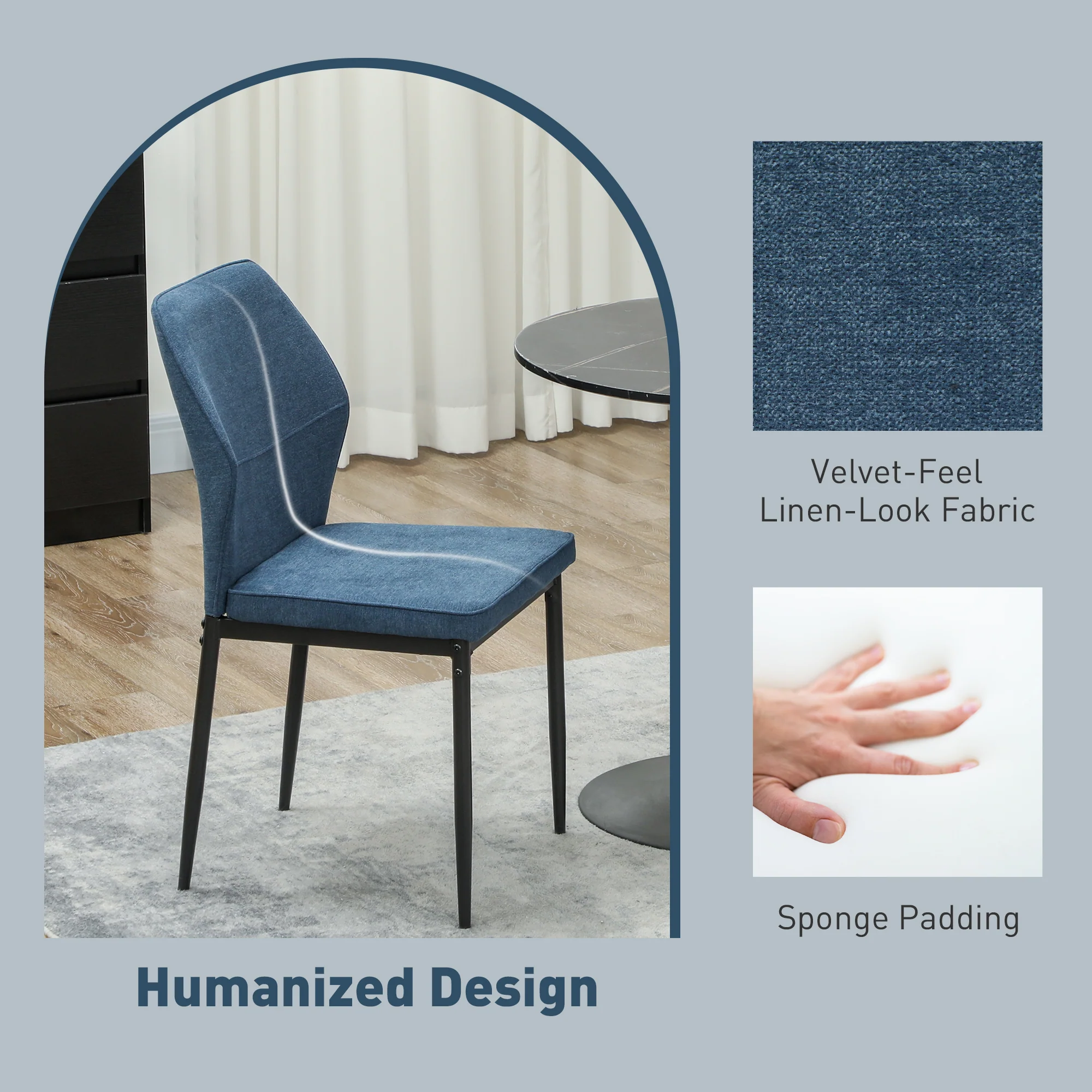 Velvet Dining Chairs Set of 2, Armless Upholstered Kitchen Chairs with Curved Back and Padded Seat, Blue - Image 7