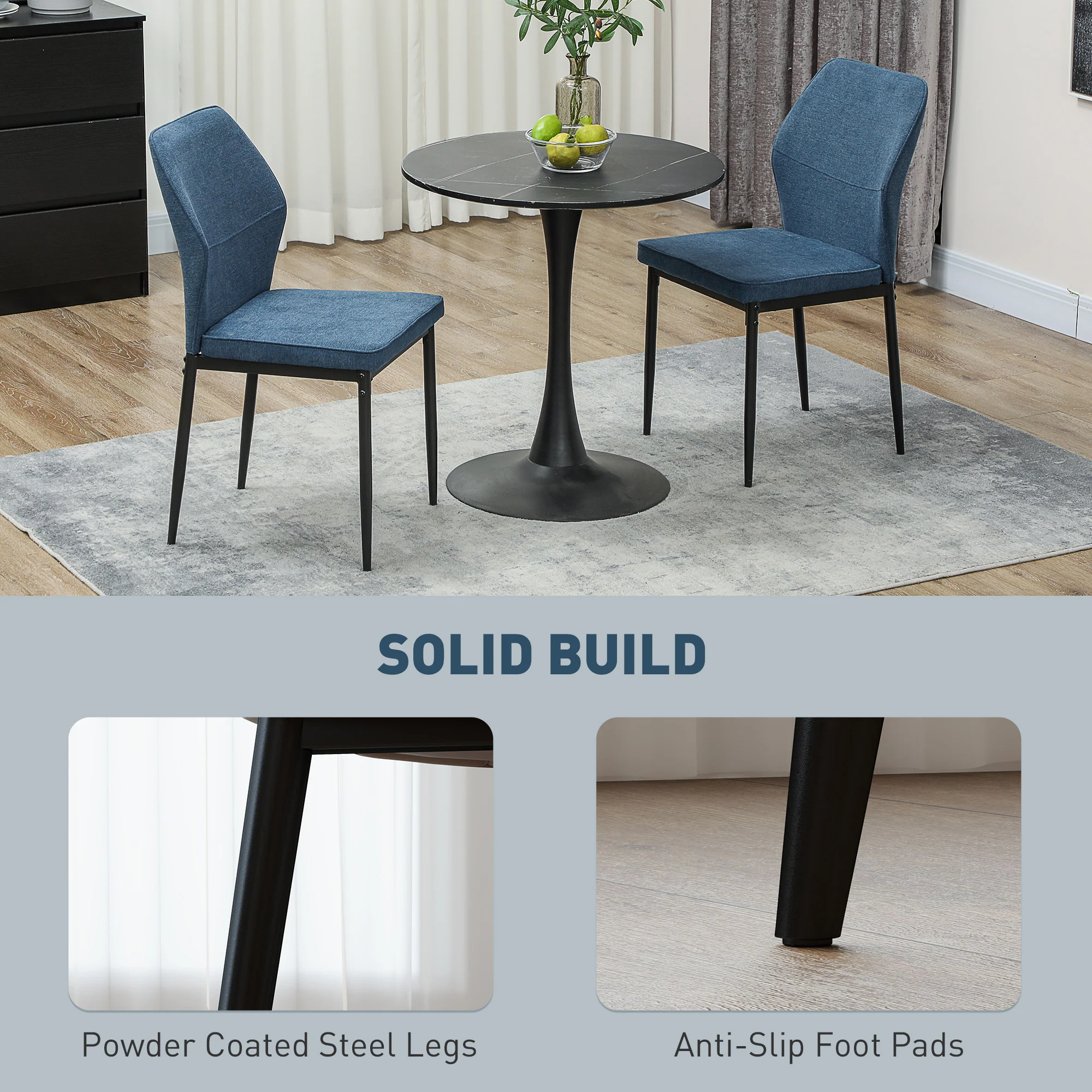 Velvet Dining Chairs Set of 2, Armless Upholstered Kitchen Chairs with Curved Back and Padded Seat, Blue - Image 8