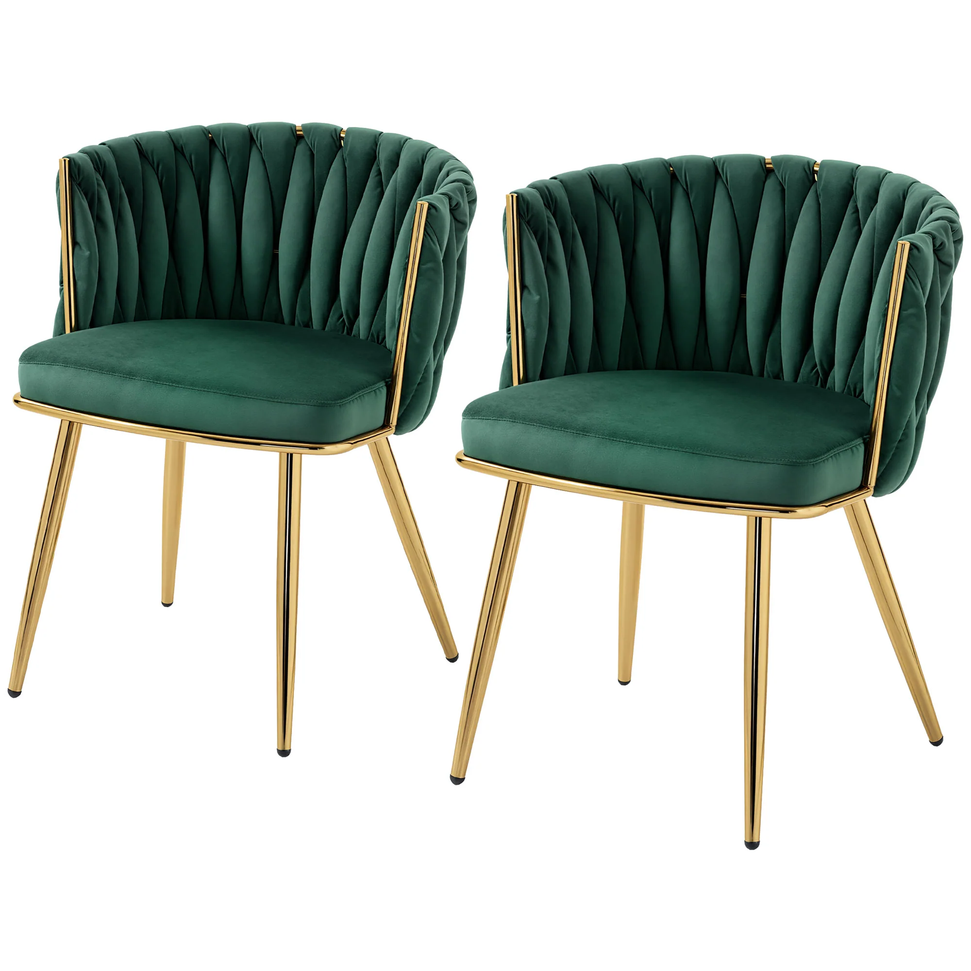 Velvet-Feel Dining Chairs Set of 2 with Woven Backrest and Armrests, Dark Green - Image 2