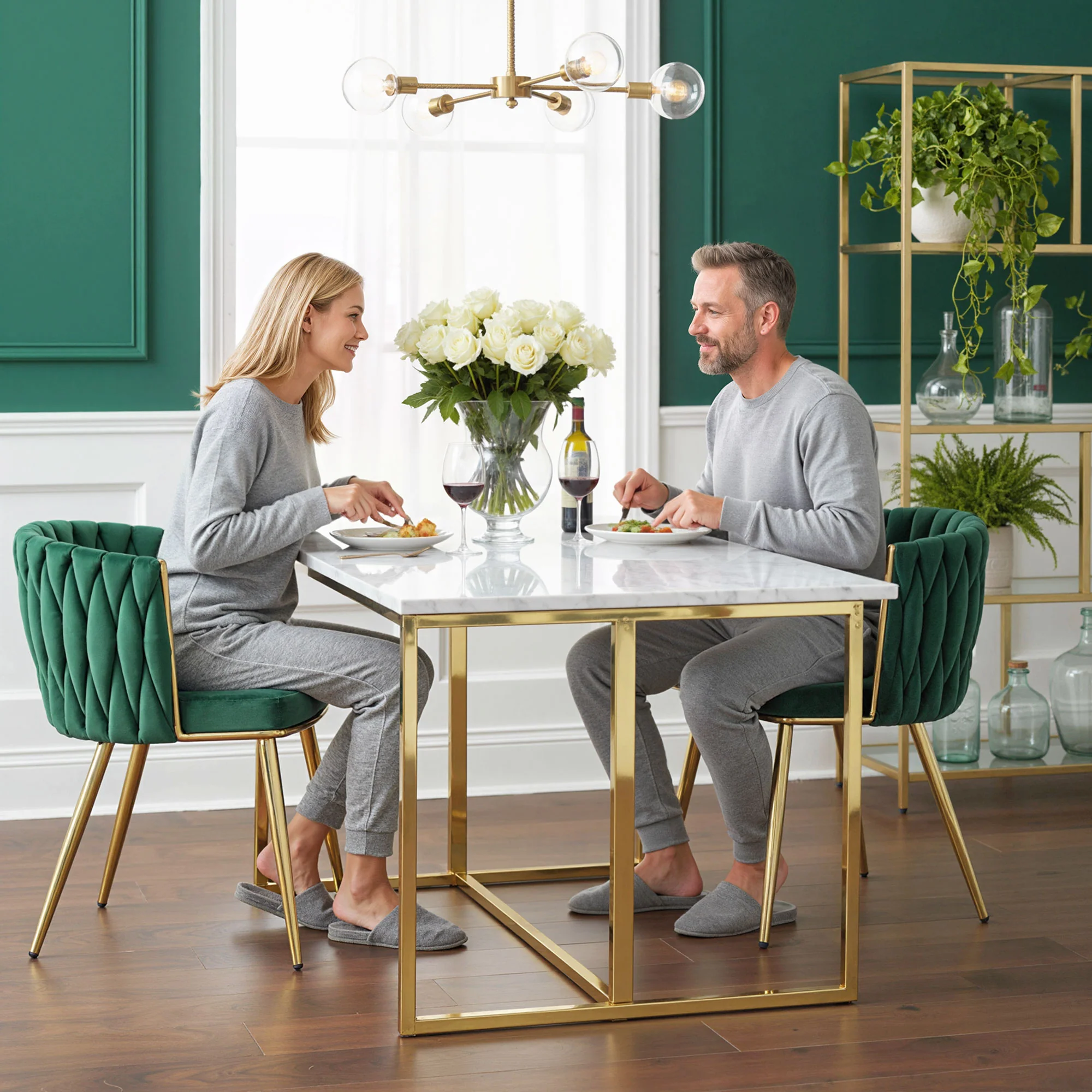 Velvet-Feel Dining Chairs Set of 2 with Woven Backrest and Armrests, Dark Green - Image 4