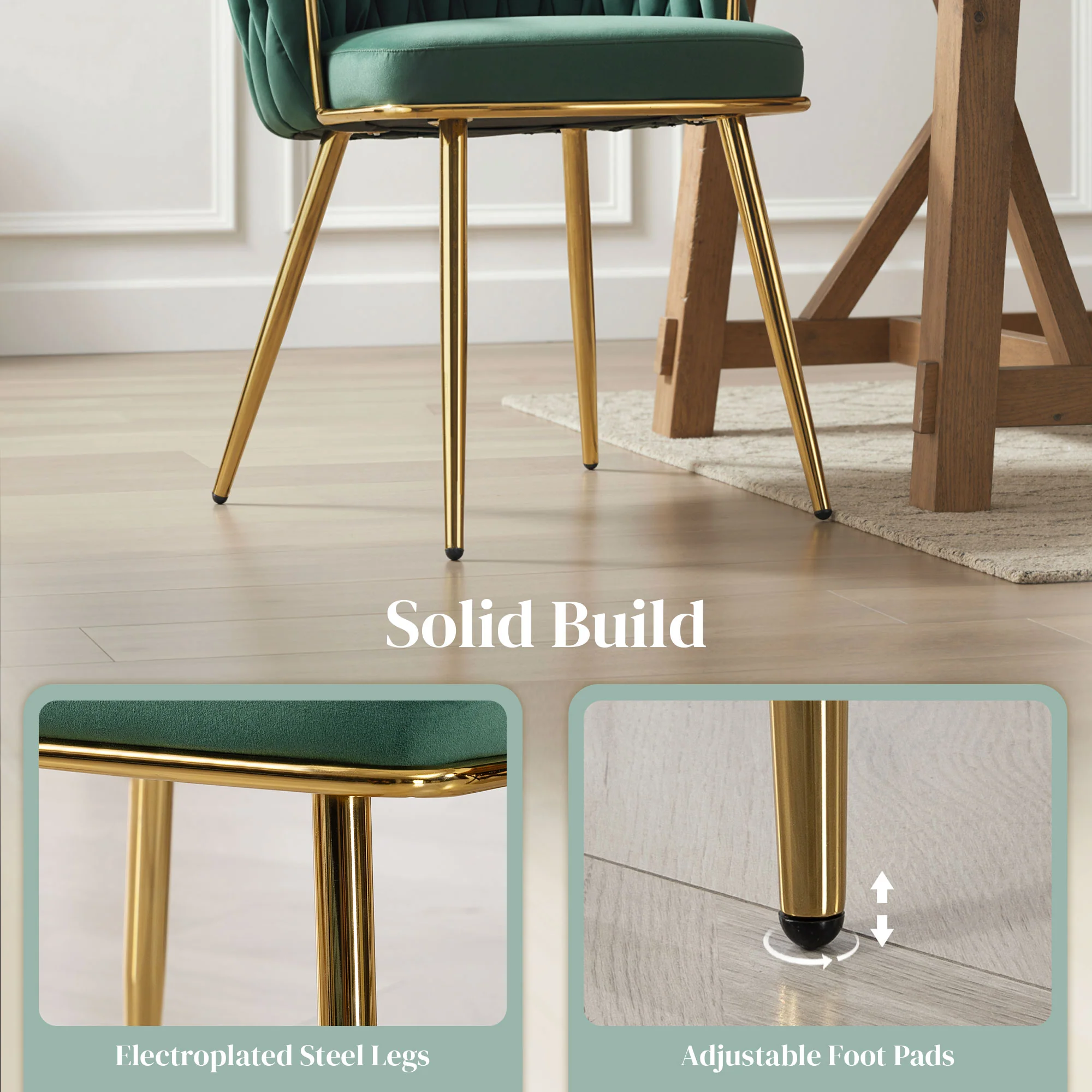 Velvet-Feel Dining Chairs Set of 2 with Woven Backrest and Armrests, Dark Green - Image 9
