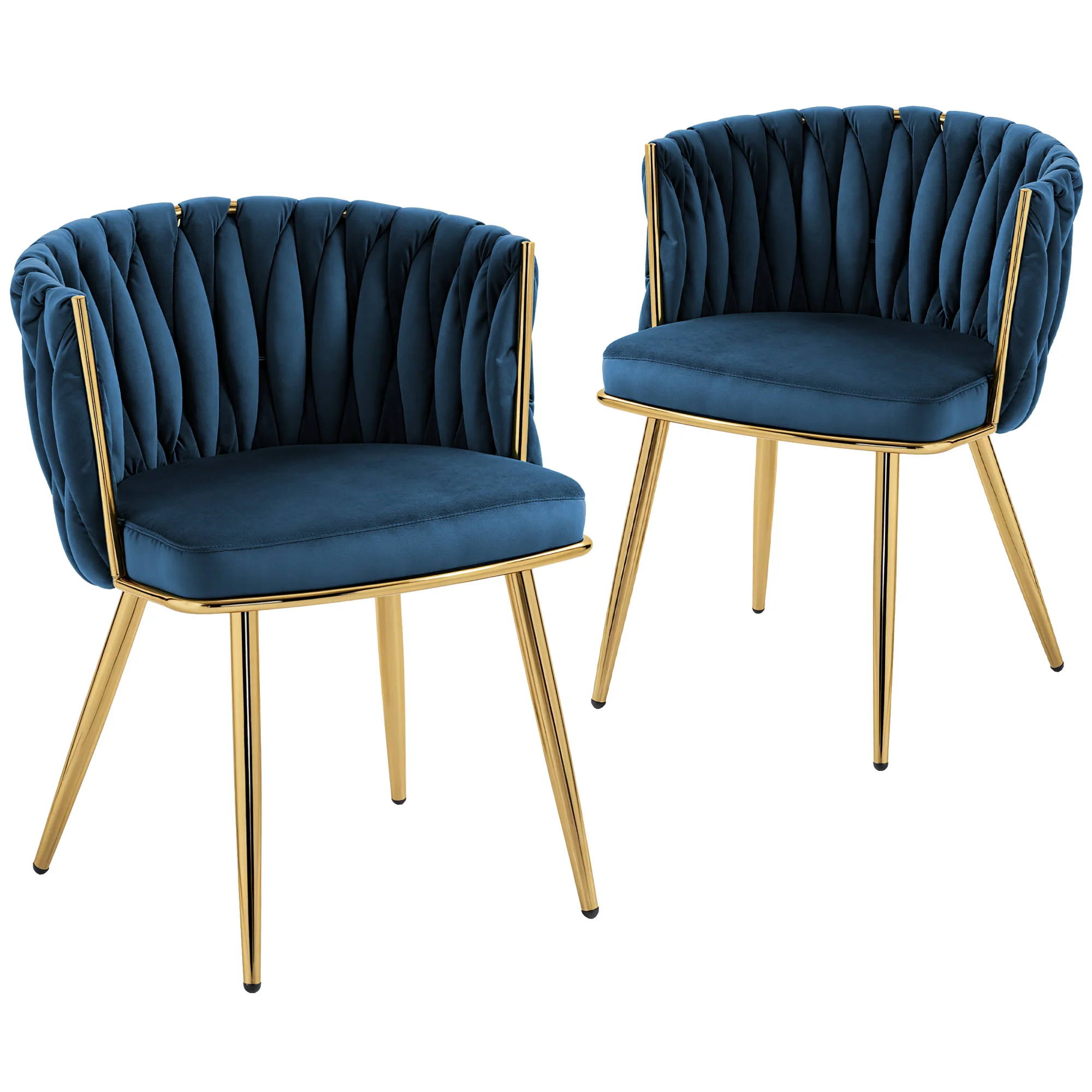 Velvet-Feel Dining Chairs Set of 2 with Woven Backrest and Armrests, Dark Blue