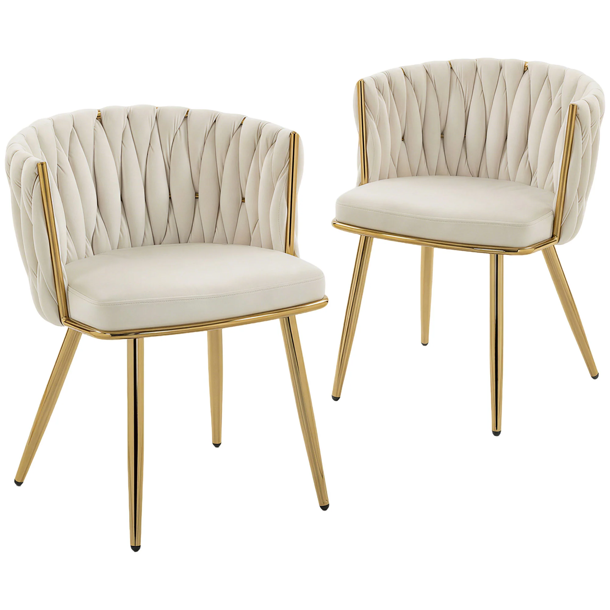 Velvet-Feel Dining Chairs Set of 2 with Woven Backrest and Armrests, Cream White