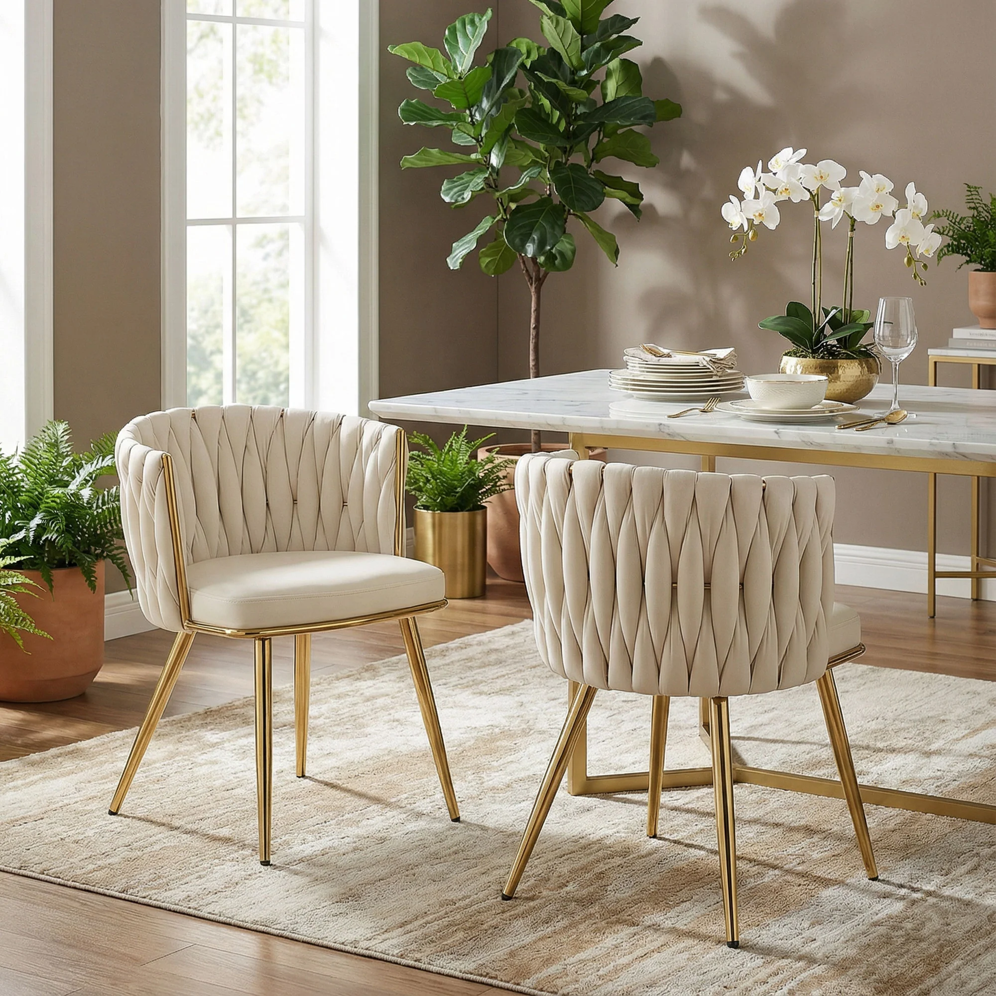 Velvet-Feel Dining Chairs Set of 2 with Woven Backrest and Armrests, Cream White - Image 4