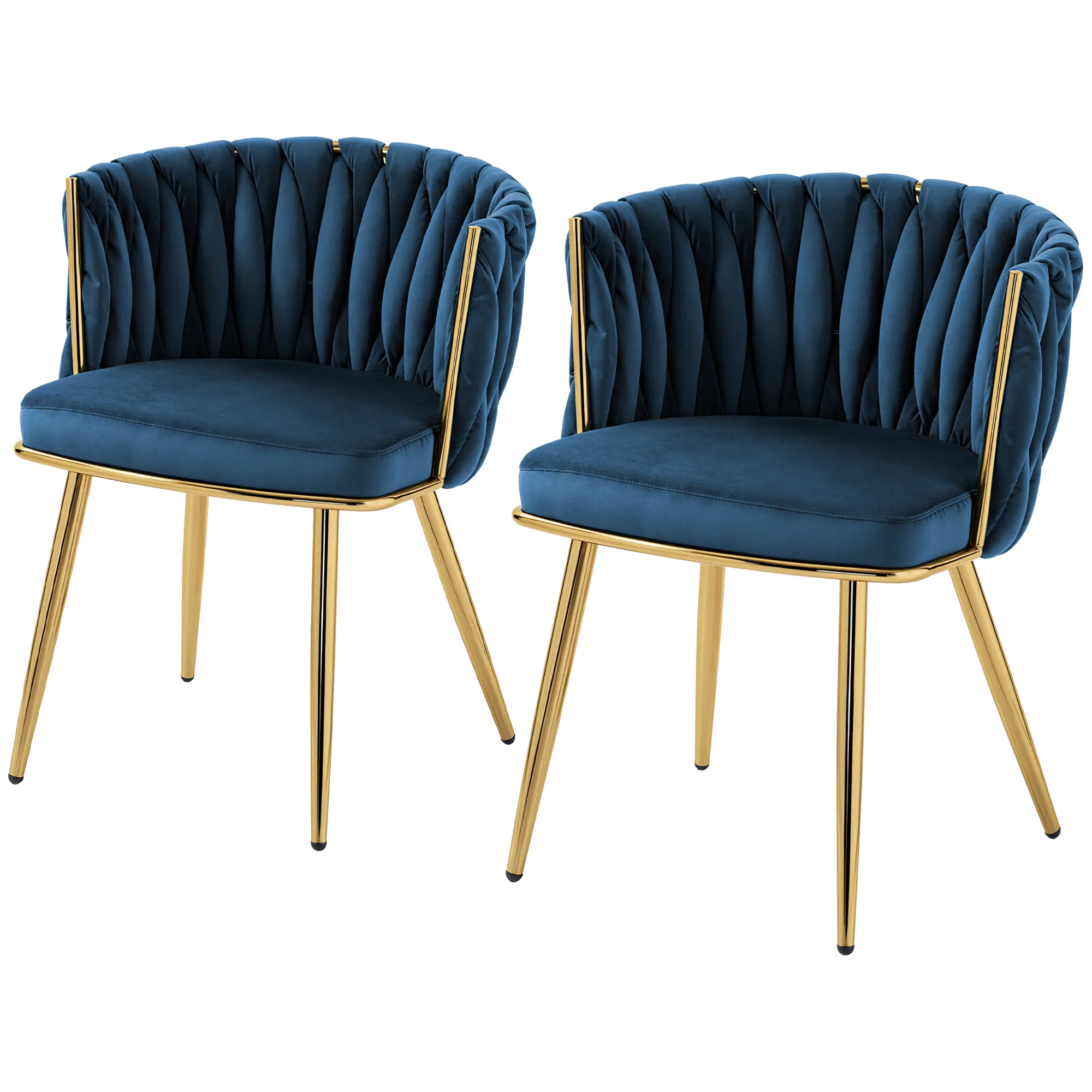 Velvet-Feel Dining Chairs Set of 2 with Woven Backrest and Armrests, Dark Blue - Image 2