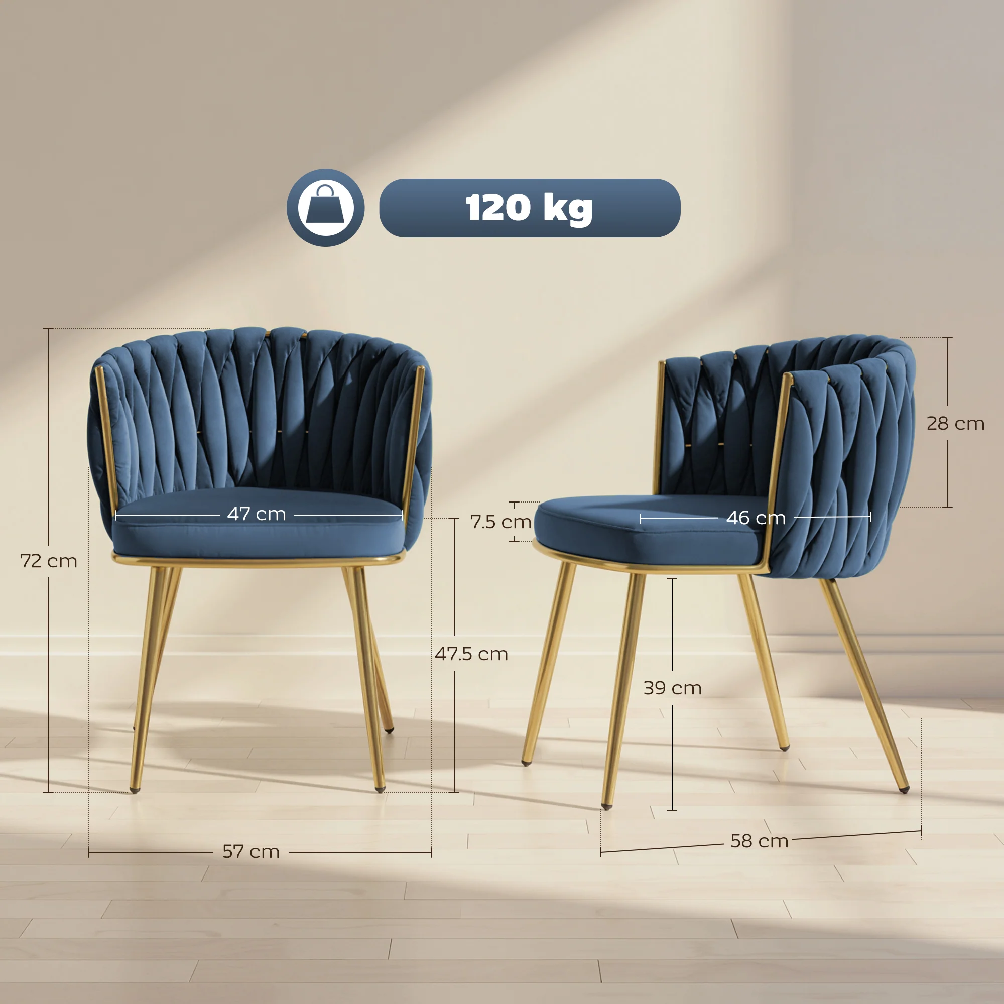 Velvet-Feel Dining Chairs Set of 2 with Woven Backrest and Armrests, Dark Blue - Image 5