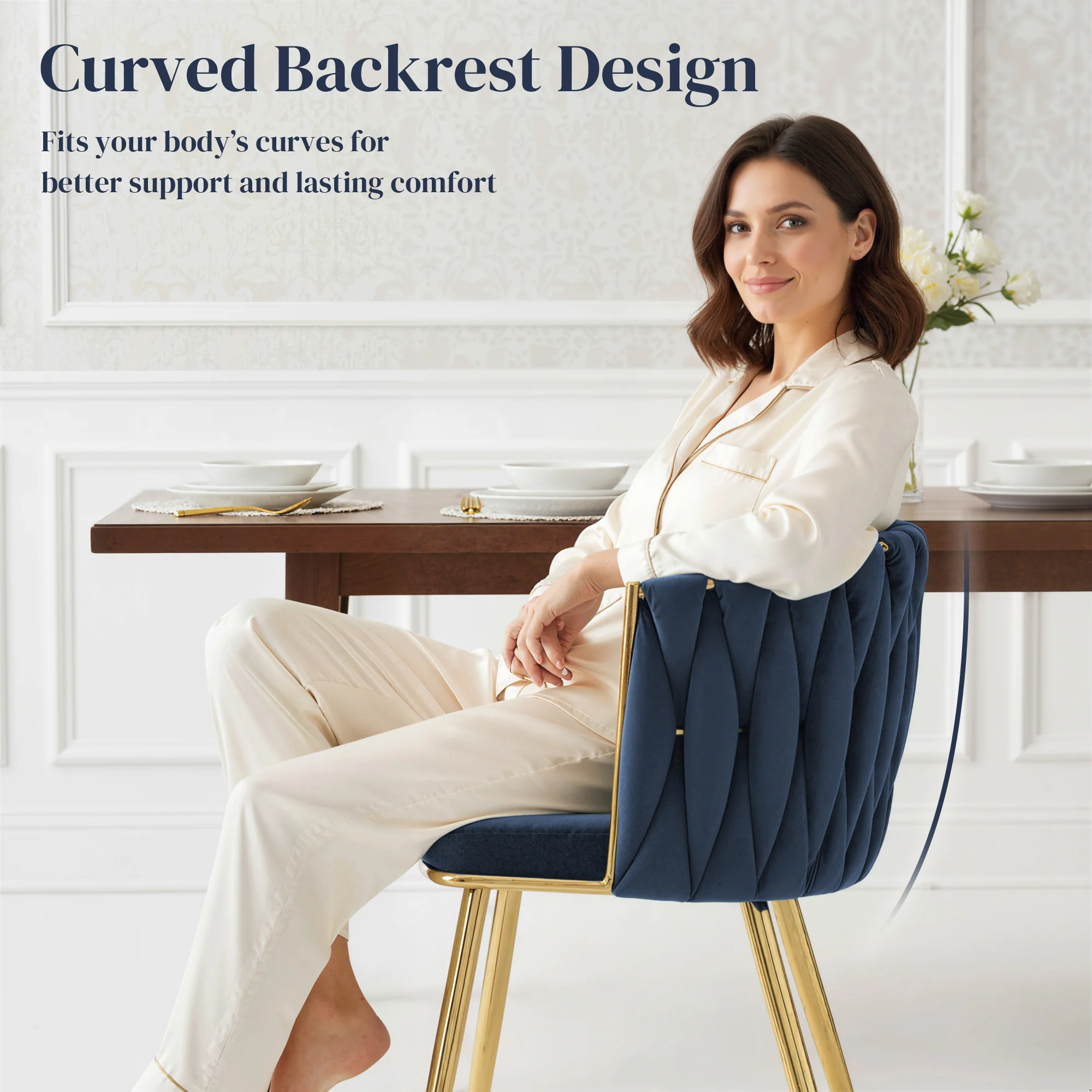 Velvet-Feel Dining Chairs Set of 2 with Woven Backrest and Armrests, Dark Blue - Image 7