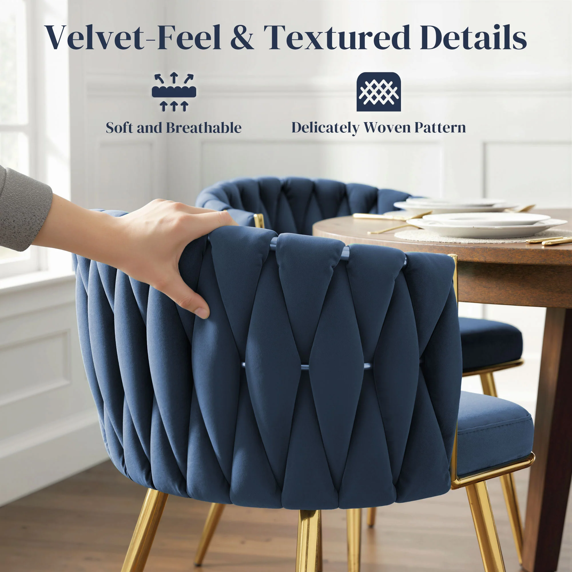 Velvet-Feel Dining Chairs Set of 2 with Woven Backrest and Armrests, Dark Blue - Image 8