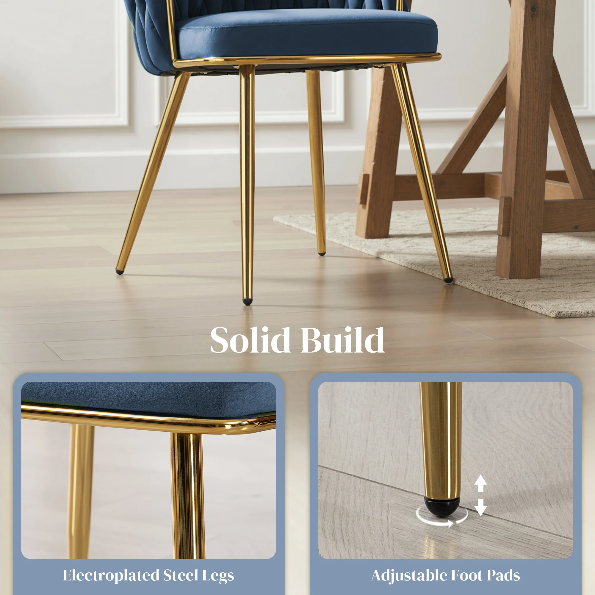 Velvet-Feel Dining Chairs Set of 2 with Woven Backrest and Armrests, Dark Blue - Image 9