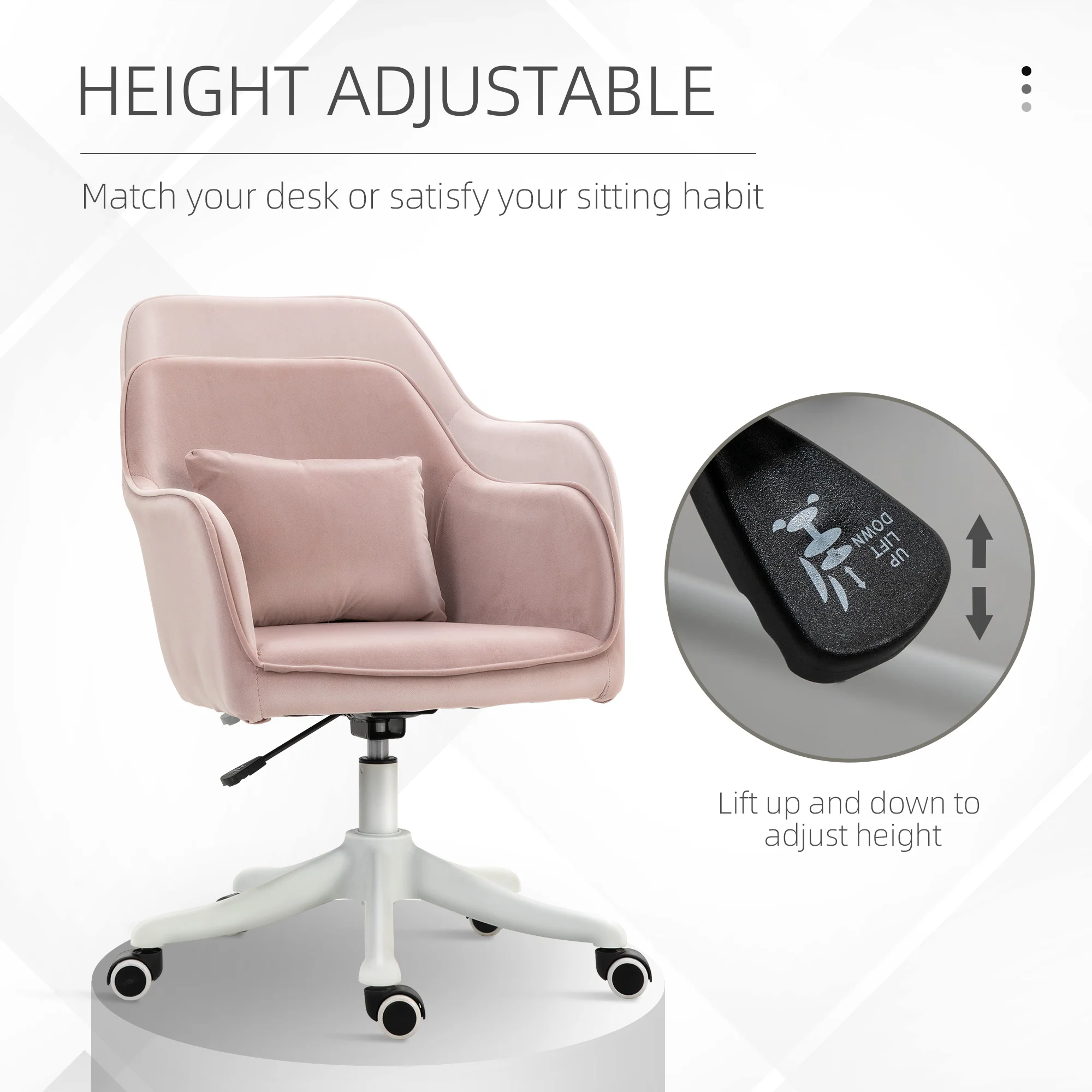 Velvet Makeup Chair with Massage Lumbar Pillow & Rolling Wheels for Bedroom, Home, Pink - Image 7