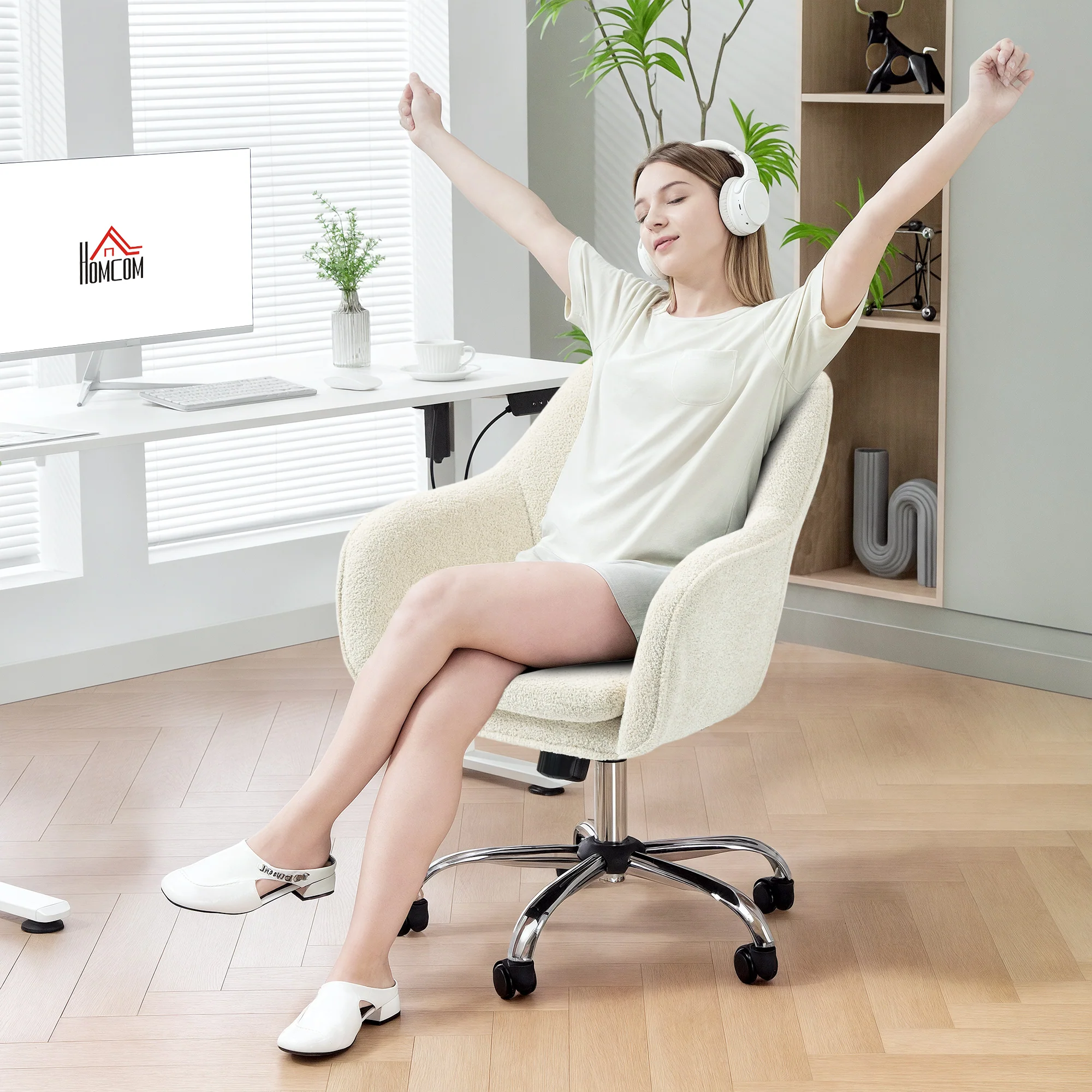 Velvet-Feel Office Chair, Swivel Rolling Makeup Vanity Chair with Tub Back, Beige - Image 11