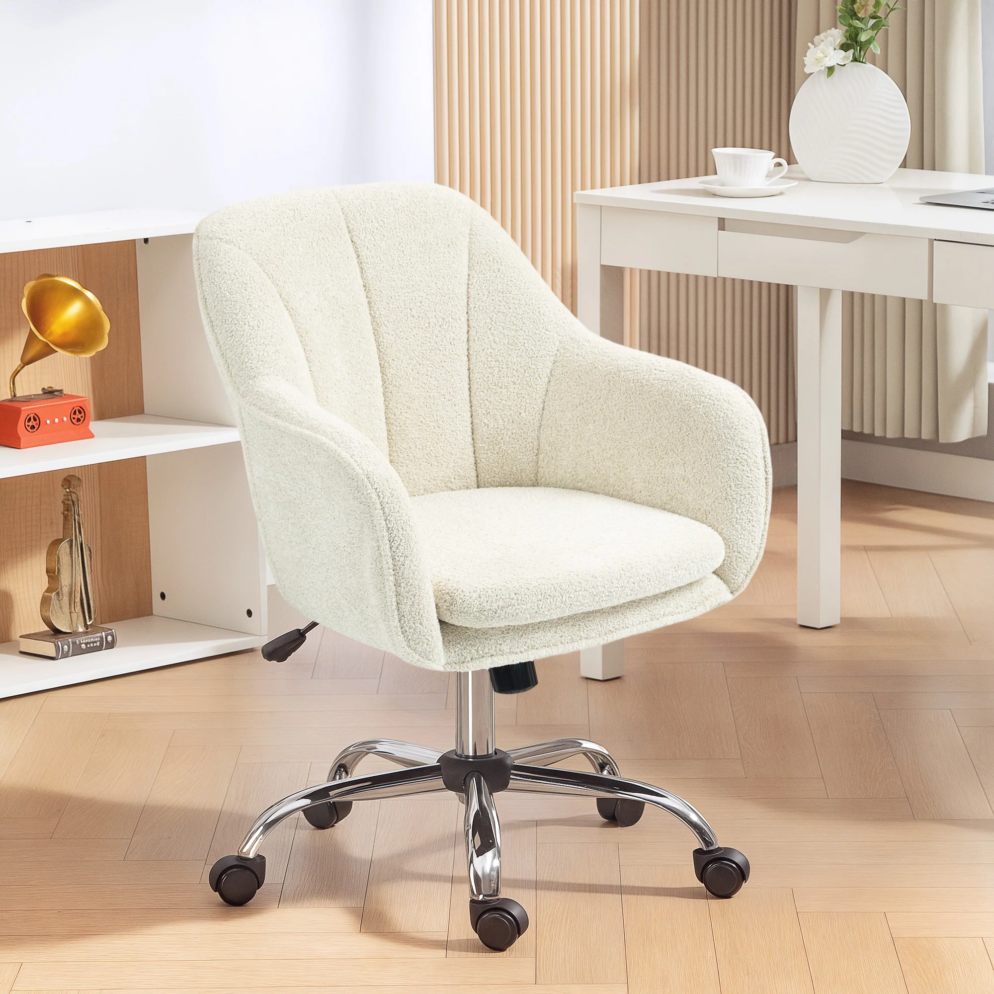 Velvet-Feel Office Chair, Swivel Rolling Makeup Vanity Chair with Tub Back, Beige - Image 3